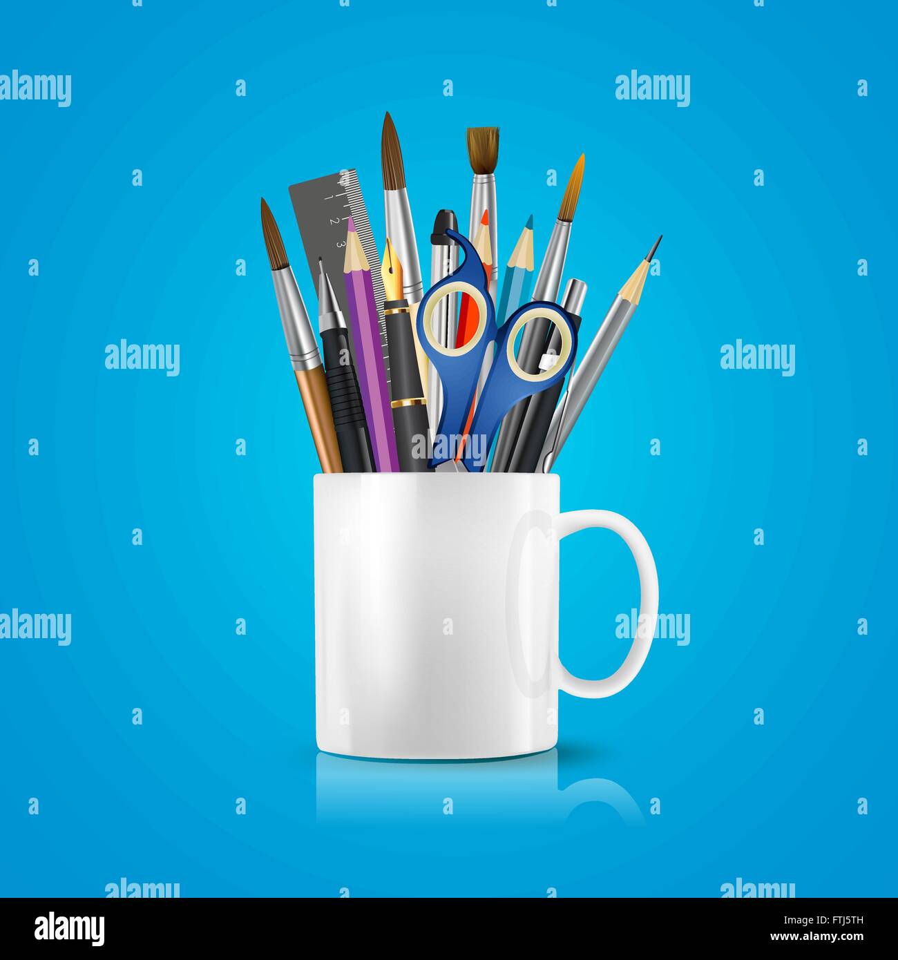 Realistische weiße Tasse mit Büromaterial, Bleistifte, Stifte, Schere, Lineal, Pinsel. Konzeptionelle Vektorbild des Bürolebens Stock Vektor