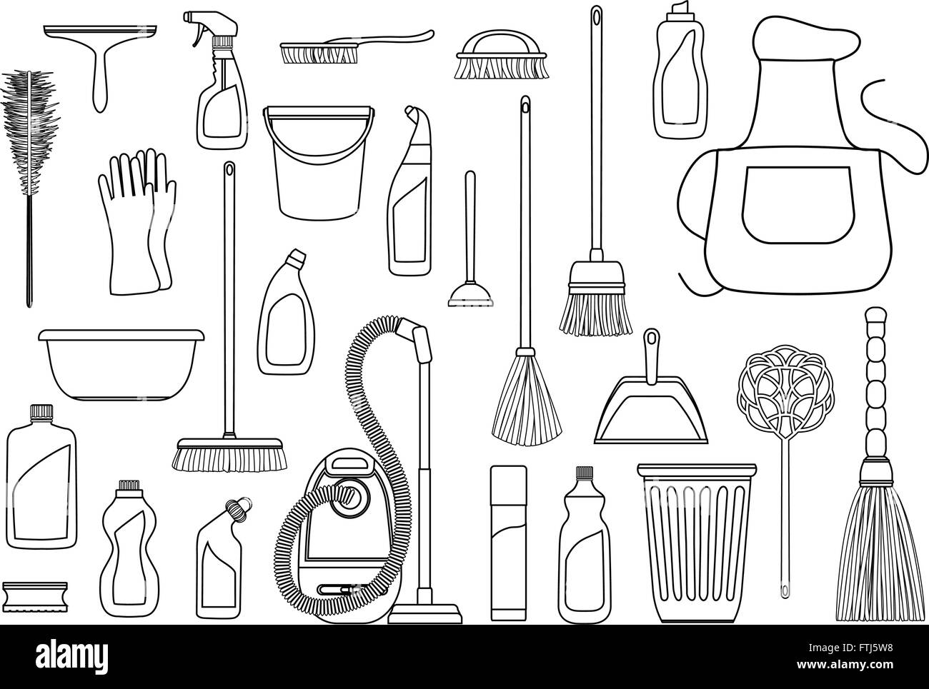 Satz von Reinigungsmittel. Instrumente der Hausputz. Vektor, die schwarzen und weißen Umriss Stock Vektor