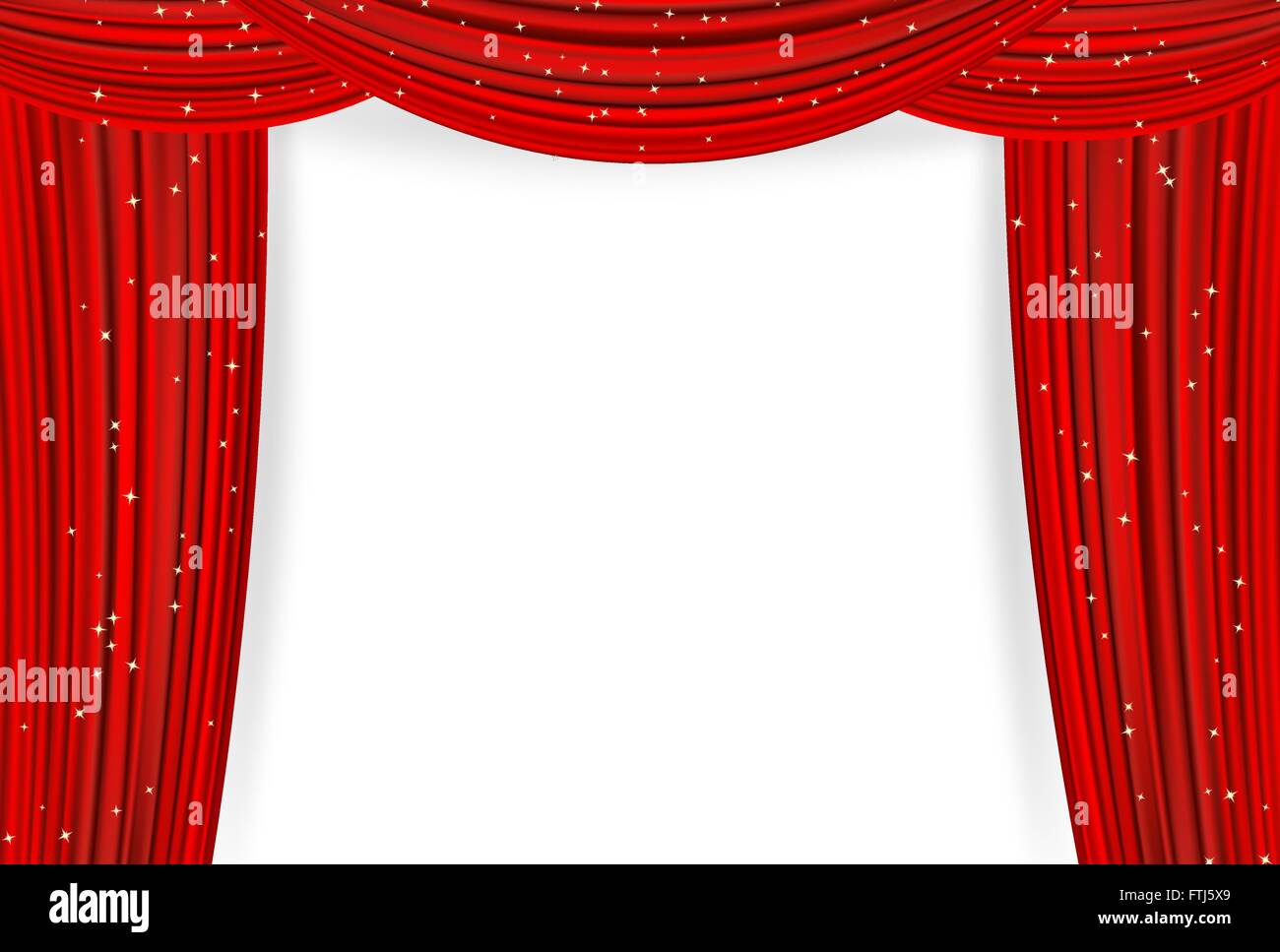 Offene rote Vorhänge mit Sternen auf weißem Hintergrund. Theater oder Film Präsentation oder Cinema Award Ankündigung mit Platz für text Stock Vektor