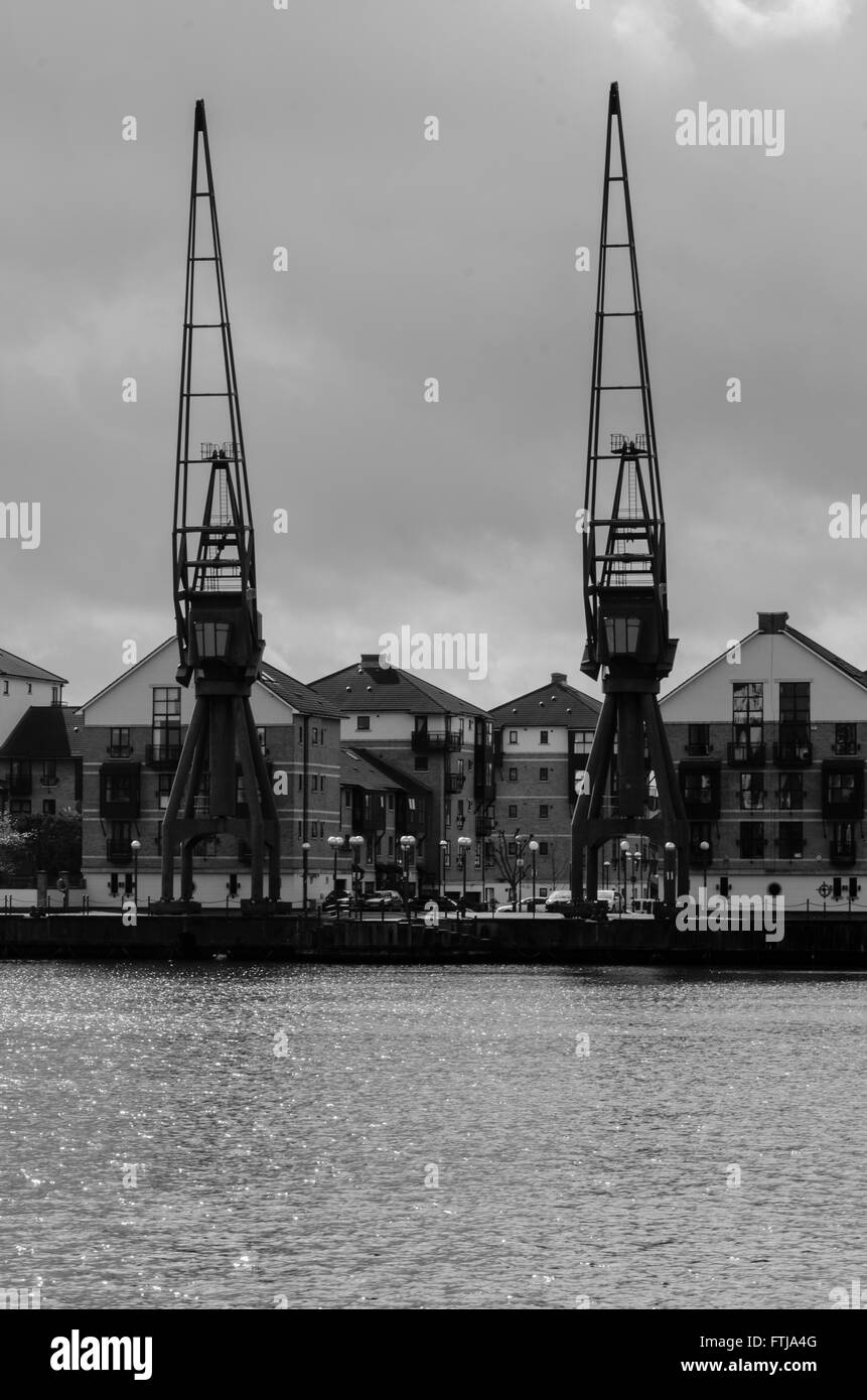 Ein Blick auf moderne Stadthäuser am Rande des Royal Victoria Dock in den Docklands von London. Stockfoto
