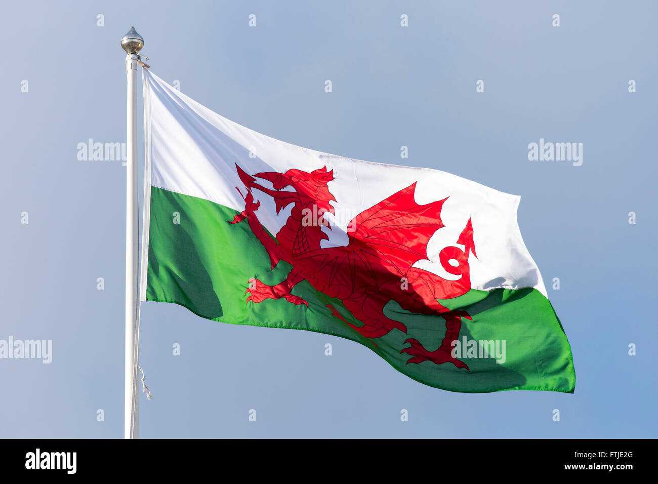 Wales mit Drachen-Kennzeichnung an einem sonnigen Tag im Wind wehen. Stockfoto
