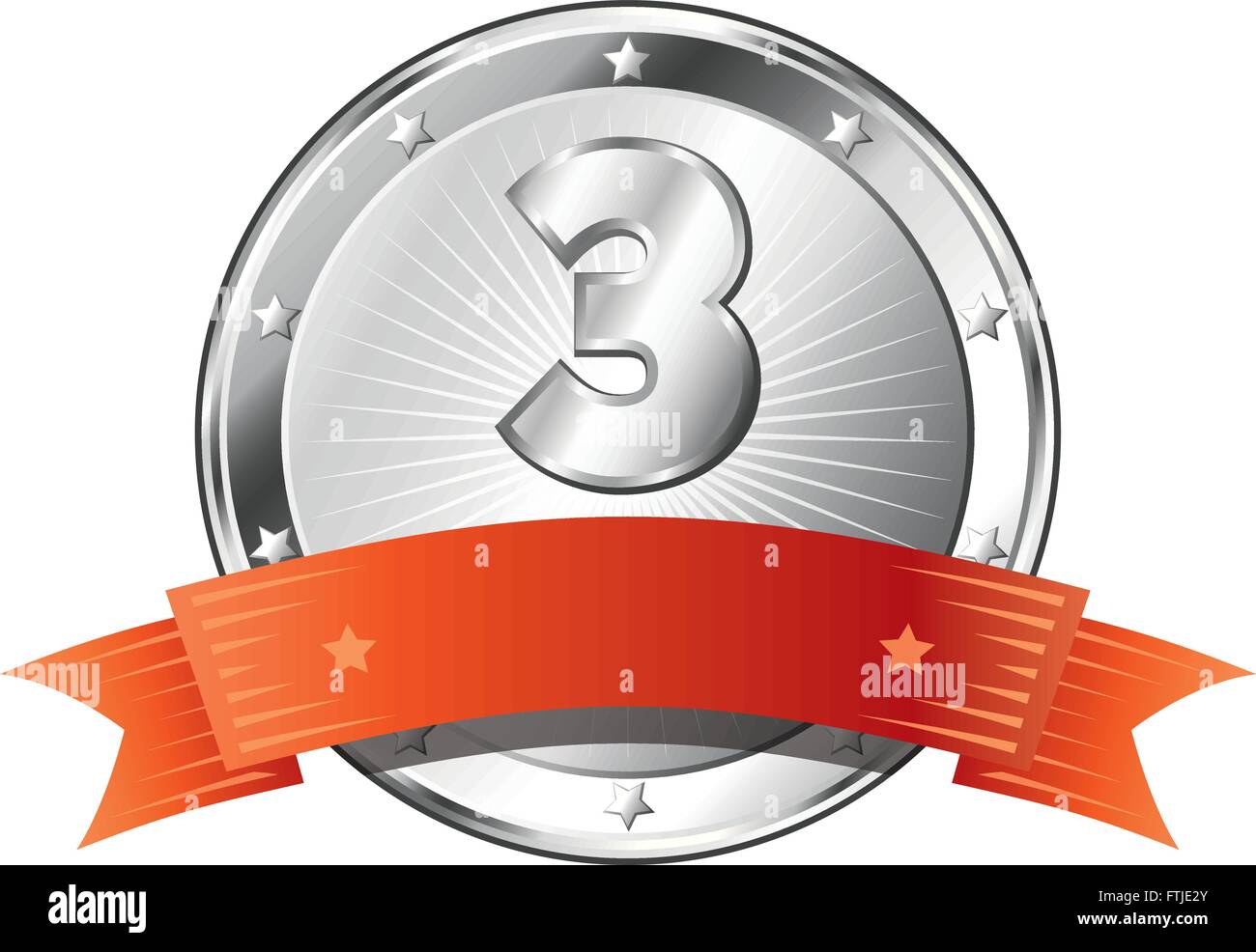 Runde Kreis geformt Metallabzeichen / Gütesiegel in Silber Aussehen mit einem roten Band und die Nummer drei. Stock Vektor