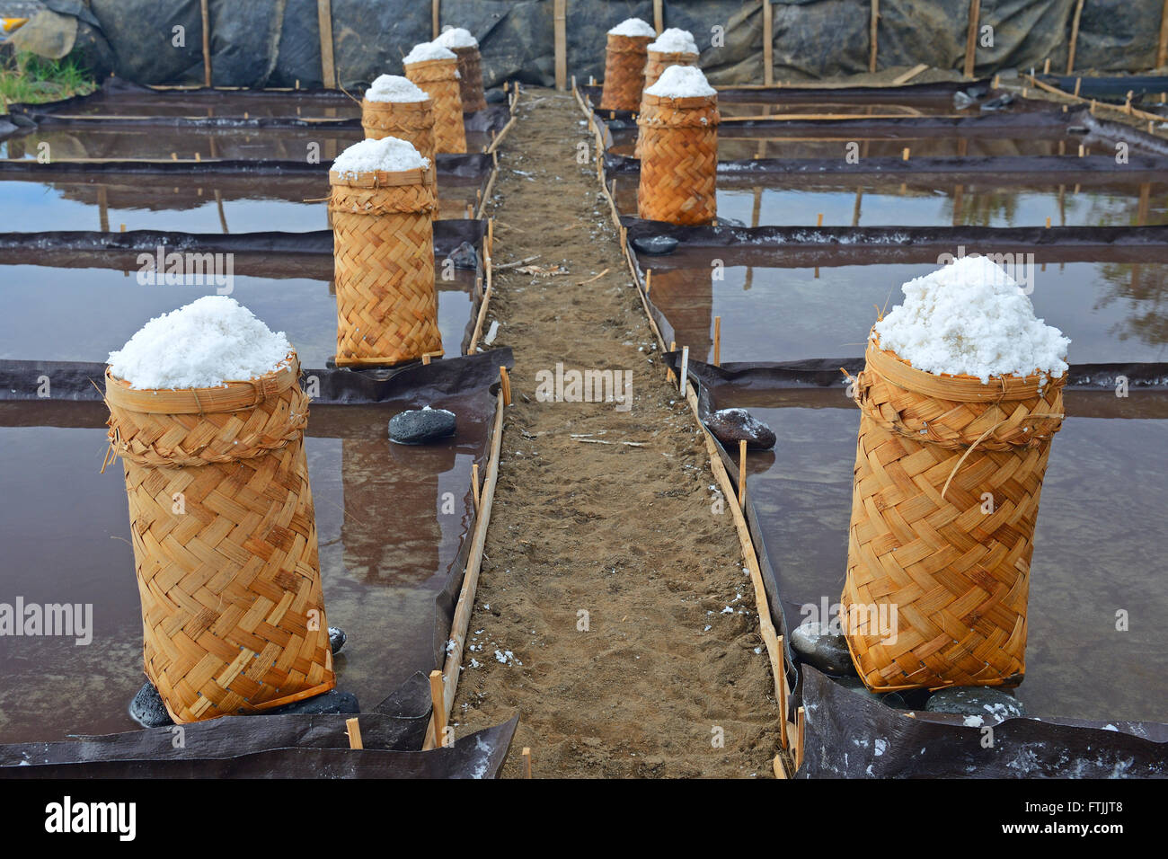 Geerntetes Und Zur Trocknung Abgepacktes Meersalz, Das Sogenannte Fleur de Sel, Nordbali, Bali, Indonesien Stockfoto