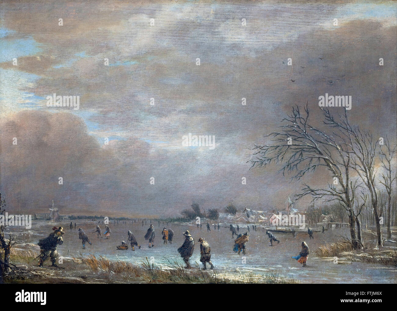 Aert van der Neer - Winterlandschaft mit Skatern auf einem gefrorenen Fluss - Hallwyl Museum Stockfoto