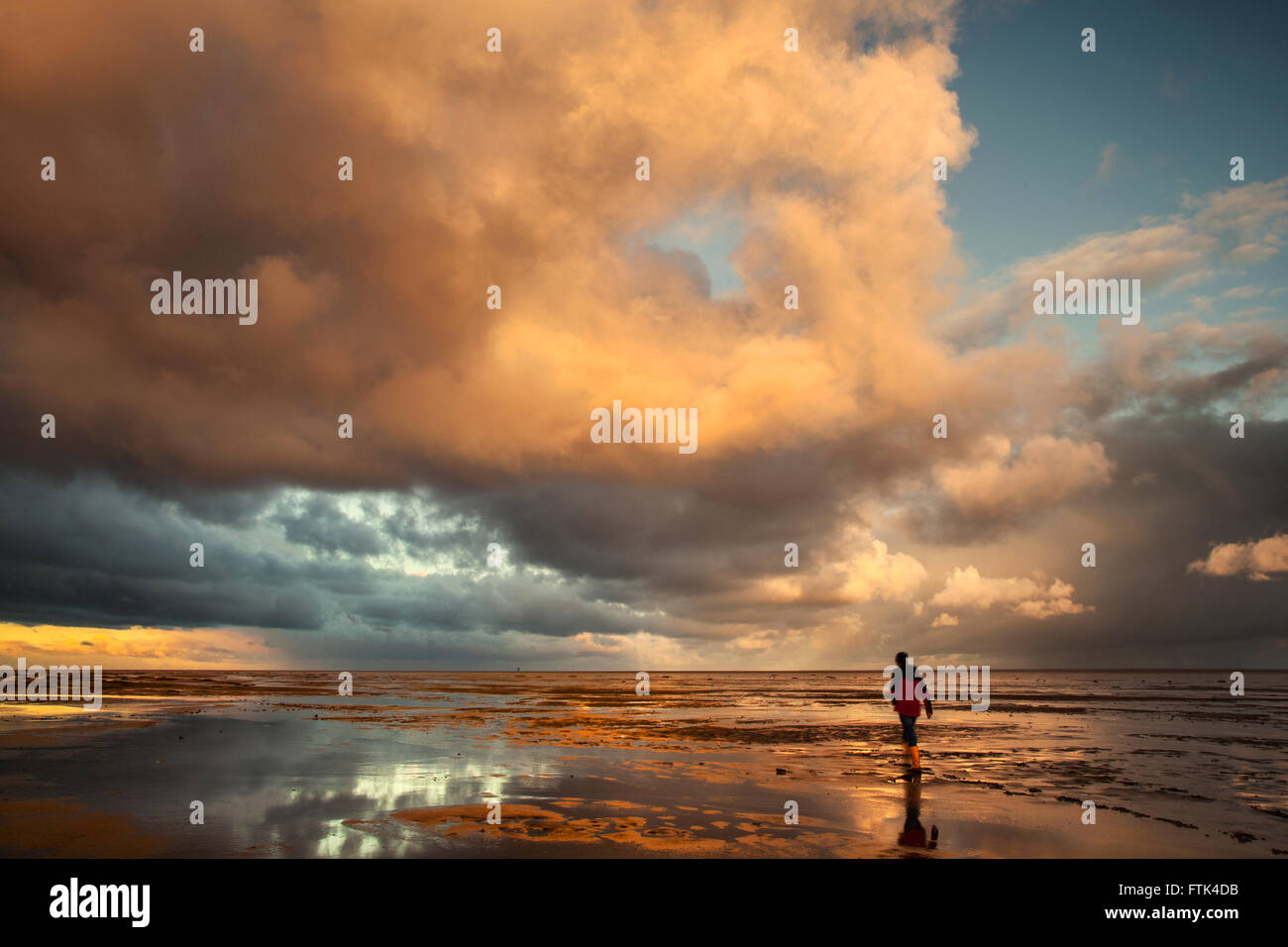 Cumuluswolken und Strand Reflexionen in Southport, Merseyside, UK. Am 30. März 2016. UK Wetter. Dramatischer Sonnenaufgang über der Irischen See. Stockfoto