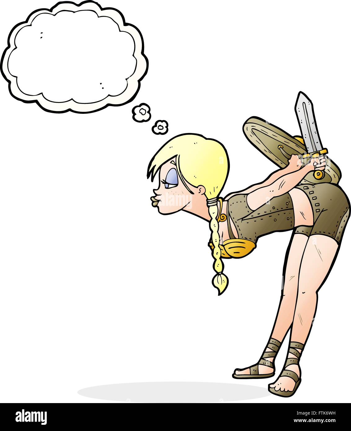 Cartoon-Viking Mädchen verbeugte sich mit Gedankenblase Stock Vektor