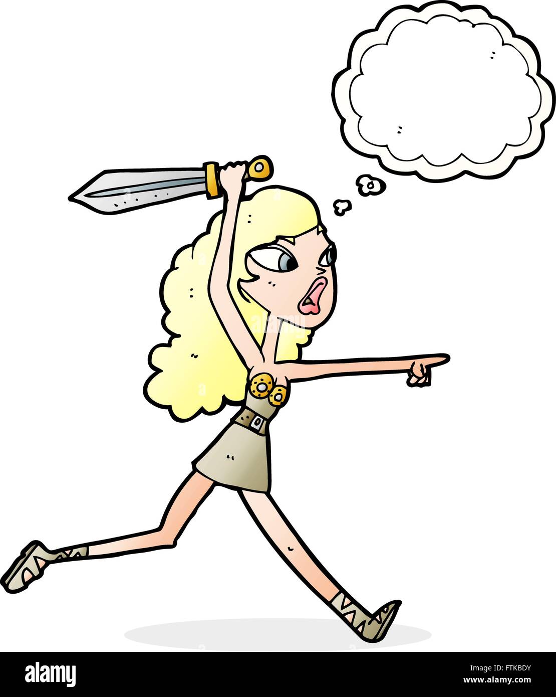 Cartoon-Viking Mädchen mit Schwert mit Gedankenblase Stock Vektor