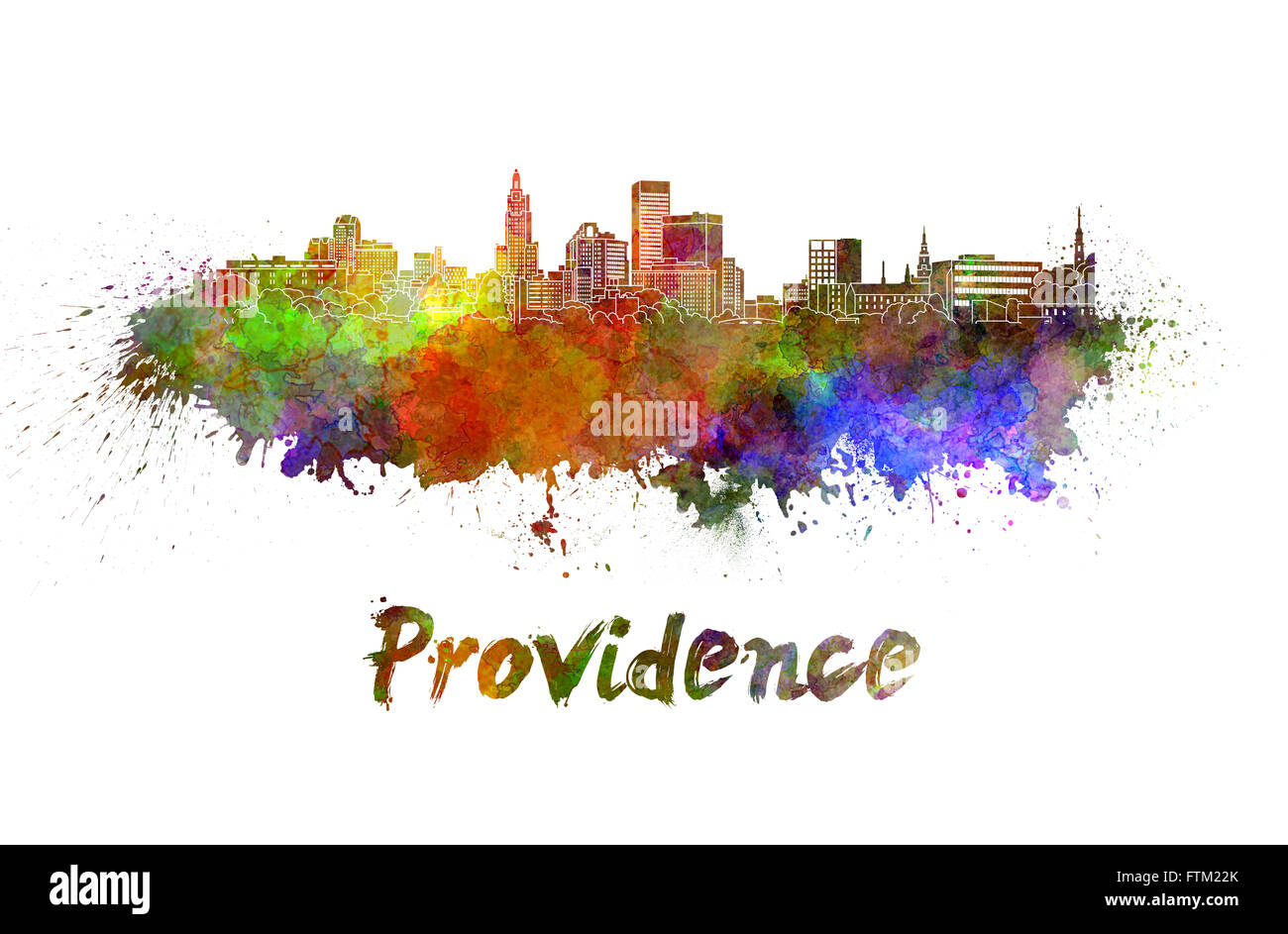 Skyline von Providence in Aquarell Spritzer mit Beschneidungspfad Stockfoto