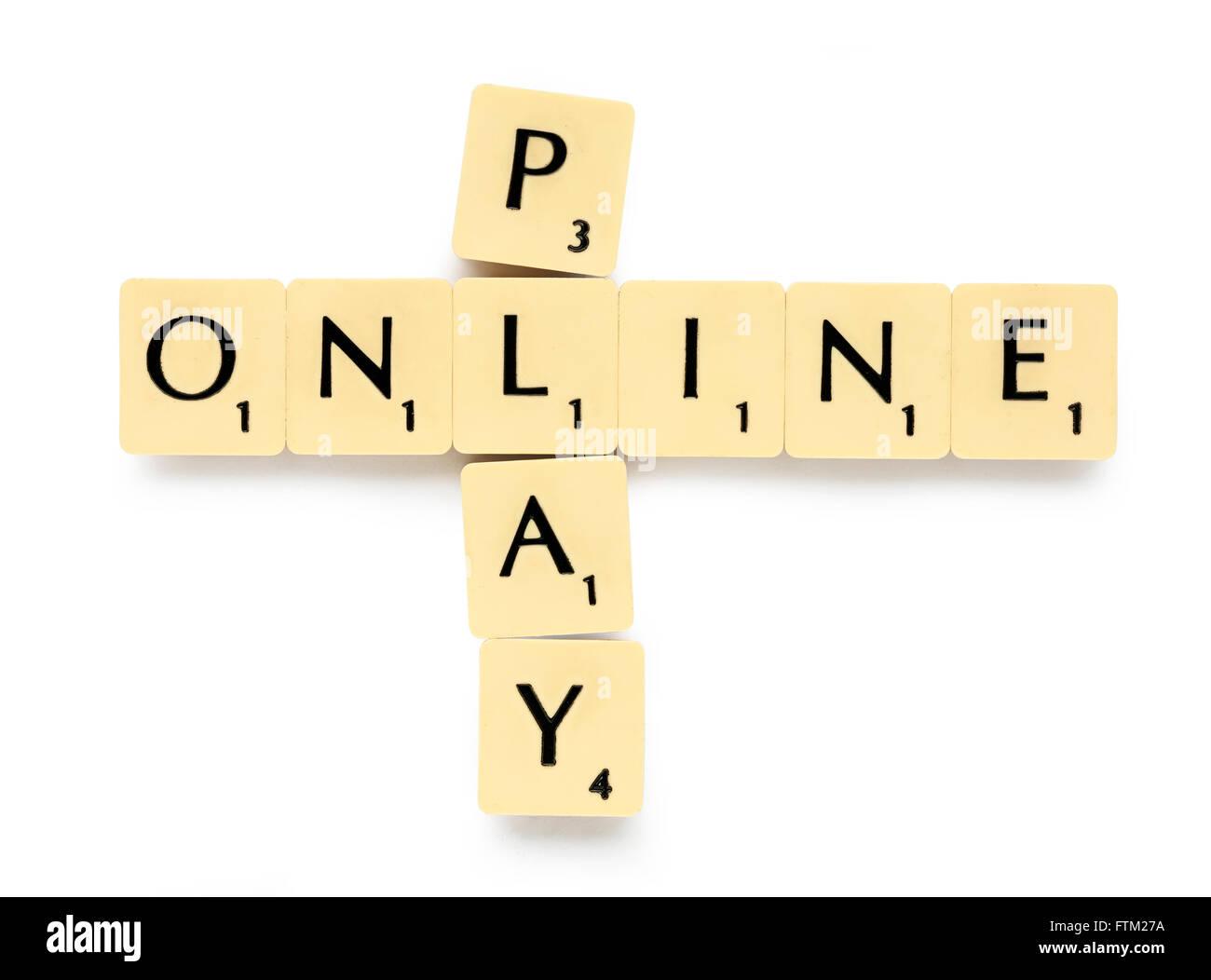 Scrabble Buchstaben Schreibweise "Play Online" Stockfoto