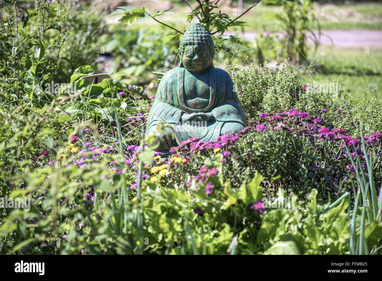 Buddha-Statue in der Mitte des Garten, Sitio Fuß auf der Erde Stockfoto