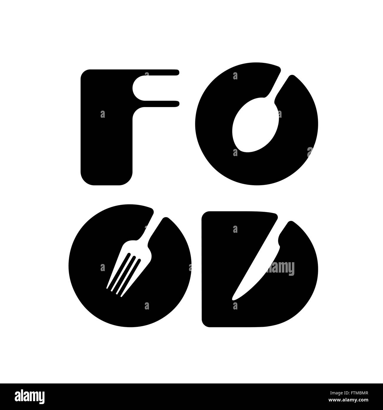 Kreative Küche Menü Wortelemente Logo design mit Löffel, Messer und Gabel. Fastfood-Logo, Essen und trinken-Konzept. Vektor-illustration Stock Vektor