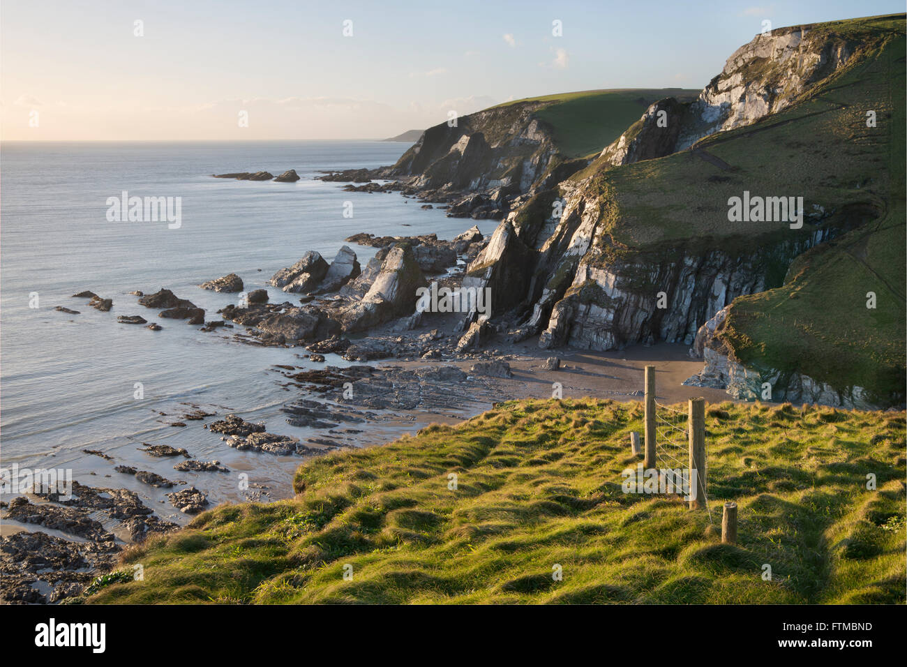 Blick entlang der Küste South Hams in Devon aus South West Coastal Path in der Nähe von Westcombe Bay Stockfoto