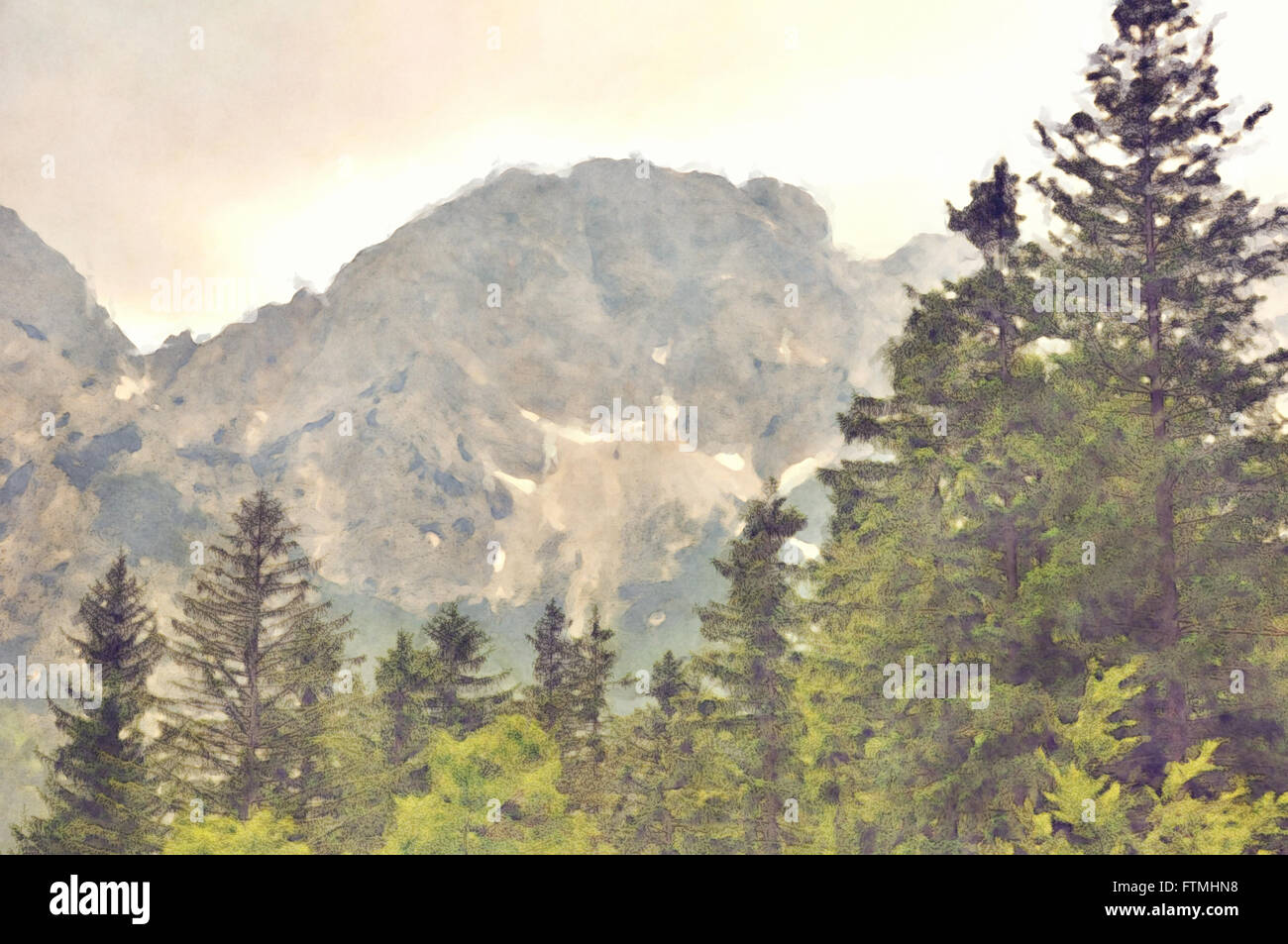 Malerei von Bergen und Bäumen Stockfoto