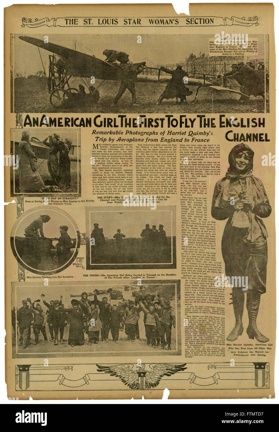 Antik-Zeitung vom 26. Mai 1912, die St. Louis Star Frau Abschnitt mit einer ganzseitigen über Harriet Quimby. Ein amerikanisches Mädchen erstmals den Ärmelkanal, bemerkenswerte Fotos Harriet Quimbys Reise mit dem Flugzeug aus England nach Frankreich zu fliegen. Stockfoto