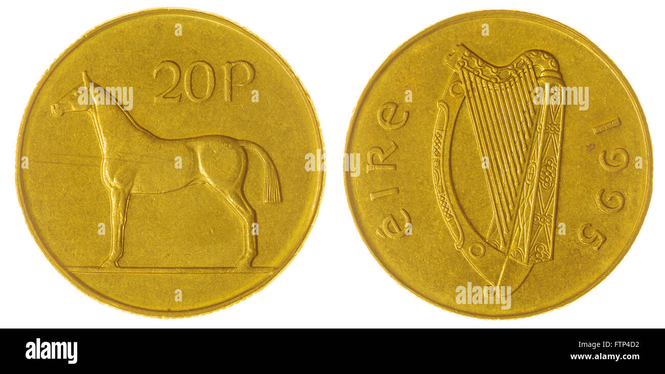 Nickel Bronze 20 Pence 1995 Münze isoliert auf weißem Hintergrund, Irland Stockfoto