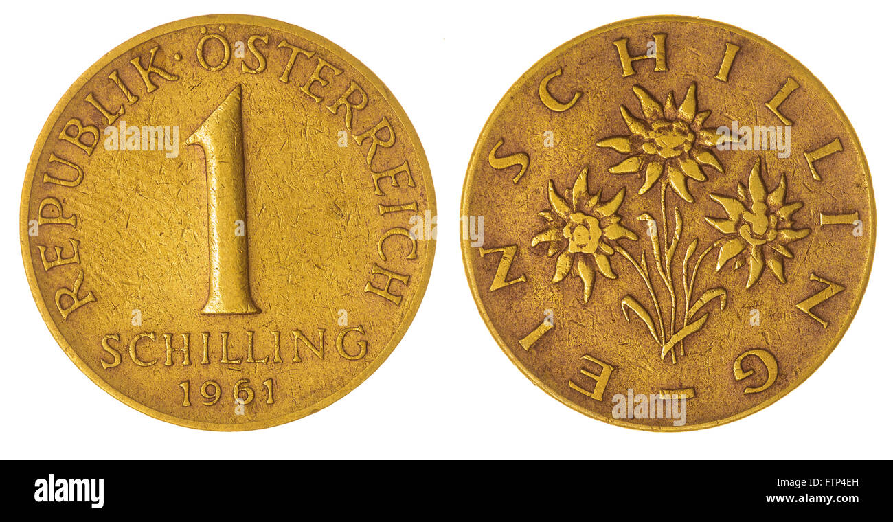 Aluminium Bronze 1 Schilling 1961 Münze isoliert auf weißem Hintergrund, Österreich Stockfoto