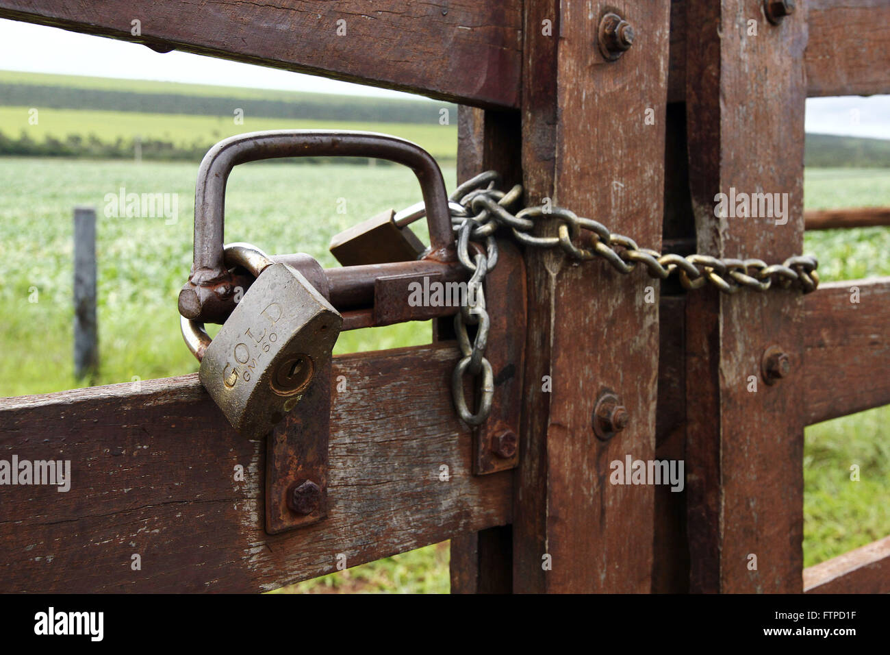 Geschlossenes Tor mit Vorhängeschloss im landwirtschaftlichen Betrieb Stockfoto