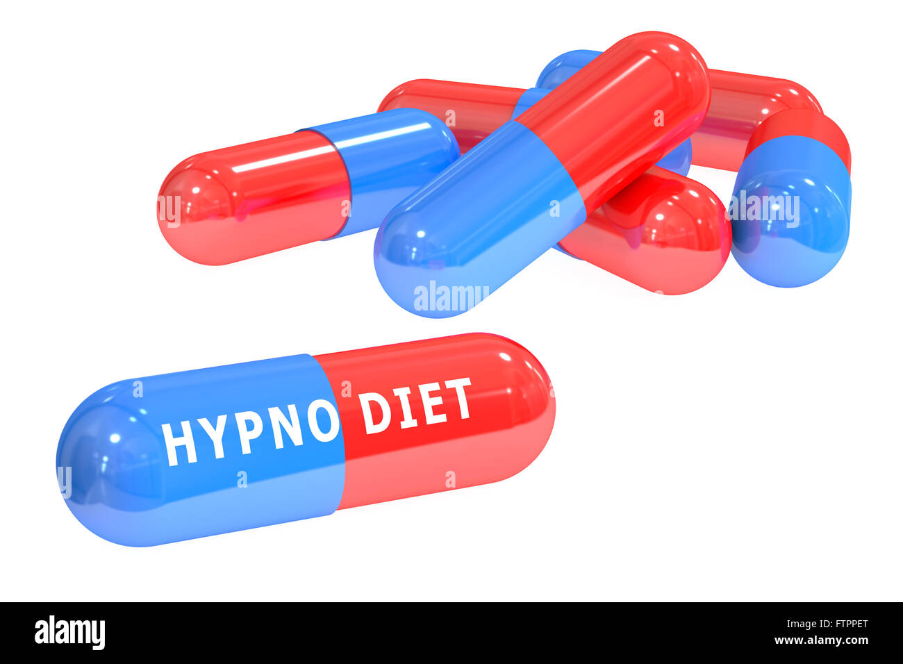Hypno-Diät-Pillen-Konzept mit Pillen isoliert auf weißem Hintergrund 3D-Rendering Stockfoto