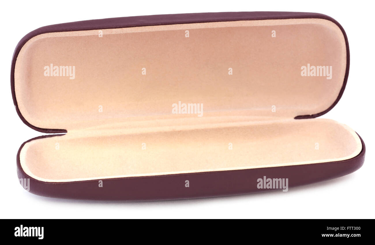 Leerer Koffer Sonnenbrille auf weißem Hintergrund Stockfoto