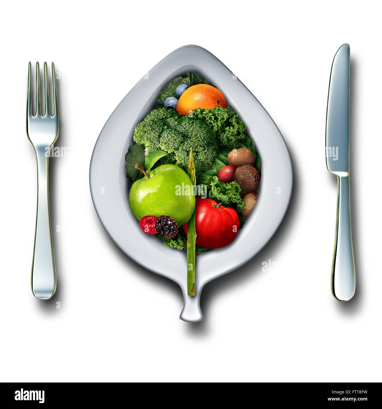 Gesunde Lebensweise Ernährungskonzept als 3D Platte Gabel und Messer mit einer Gruppe von Gemüse Obst, Beeren und Nüssen als ein Detox gesunden Antioxidantien essen Mittag- oder Abendessen auf einem weißen Hintergrund. Stockfoto