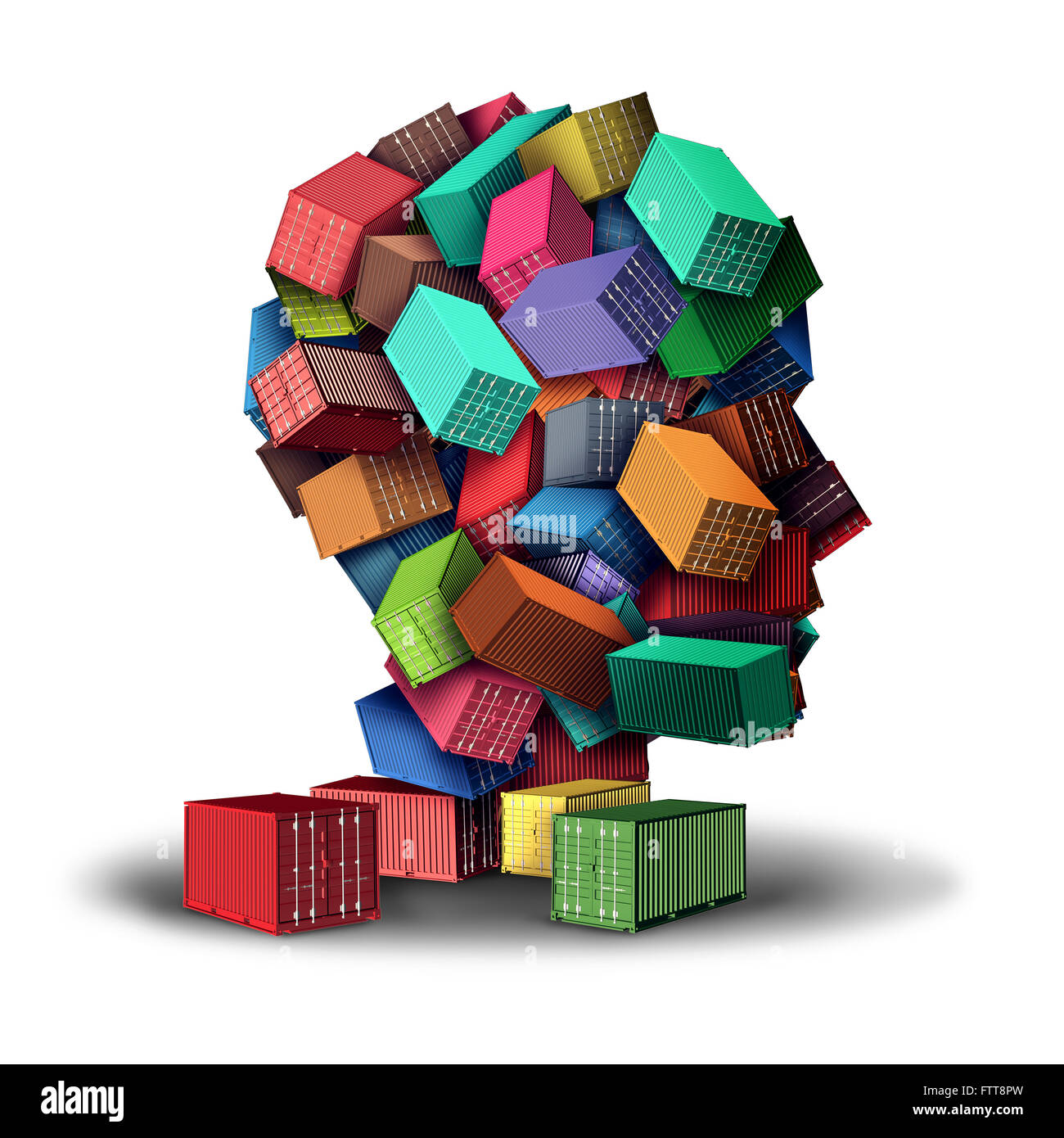Cargo Fracht Strategiekonzept 3D-Illustration und intelligente Sendung Symbol als eine Gruppe von Transport Container gestapelt in der Form eines menschlichen Kopfes als Symbol für die Planung von export und import Vertrieb. Stockfoto