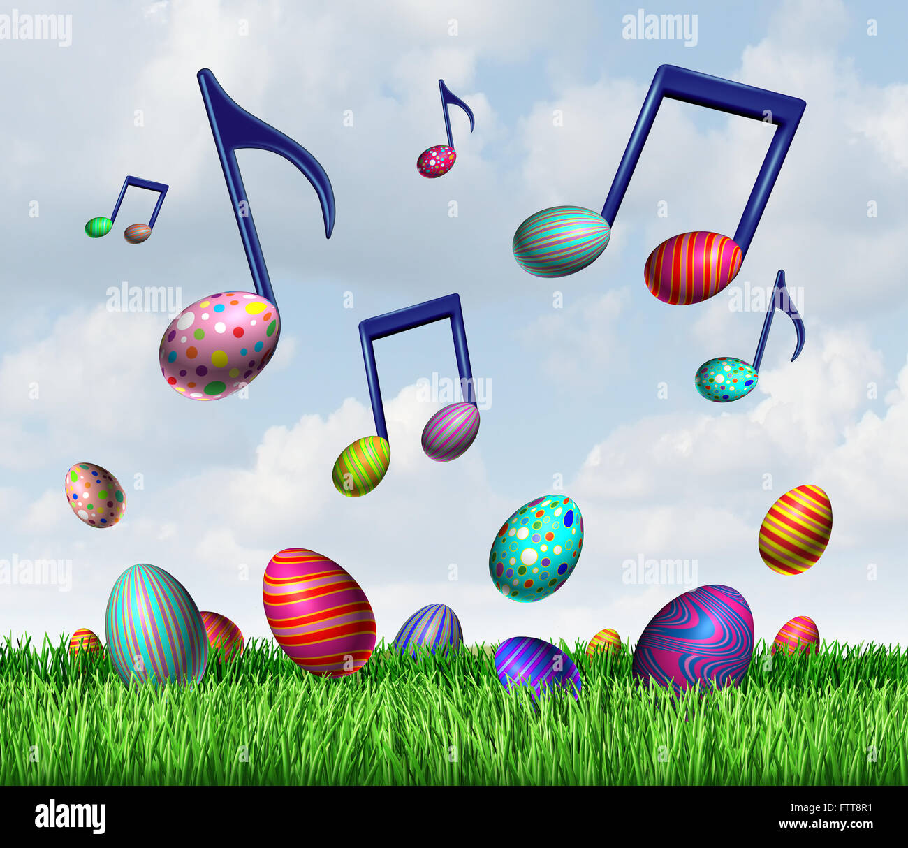 Ostern Frühling Musik Symbol als eine Gruppe von Easter Eggs in den Rasen und fliegen in den Himmel als Noten, ein traditionelles Fest glücklich fröhliche Frühling darstellt. Stockfoto
