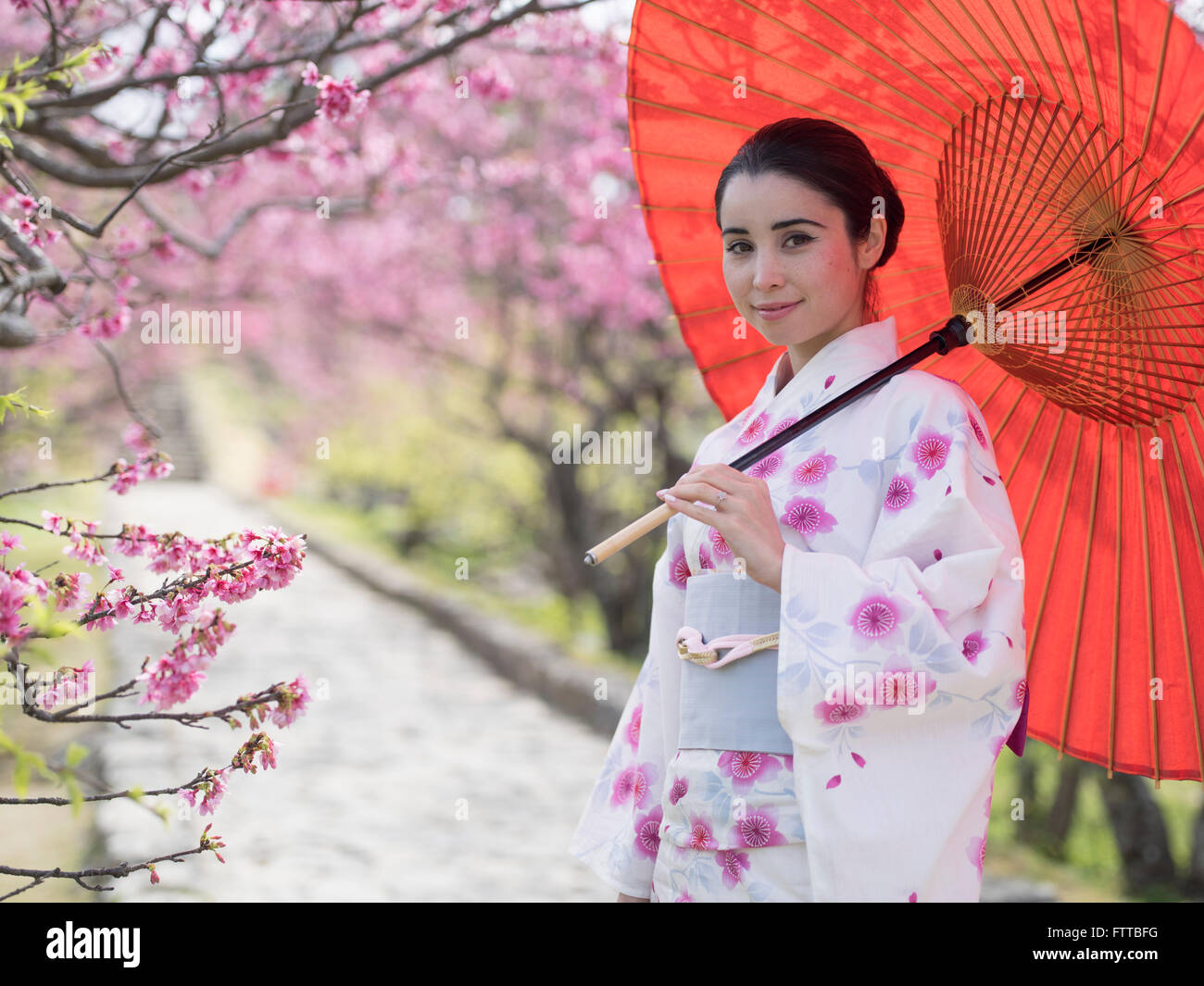 Junge (asiatische / Caucasian) Japanerin im Yukata mit Kirschblüten im Nakijin Schloss, Okinawa Stockfoto