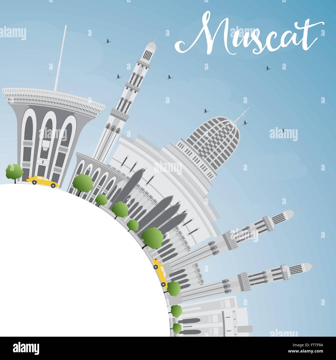 Muscat Skyline mit grauen Gebäuden und blauer Himmel. Vektor-Illustration. Geschäftsreisen und Tourismus-Konzept mit Textfreiraum. Stock Vektor