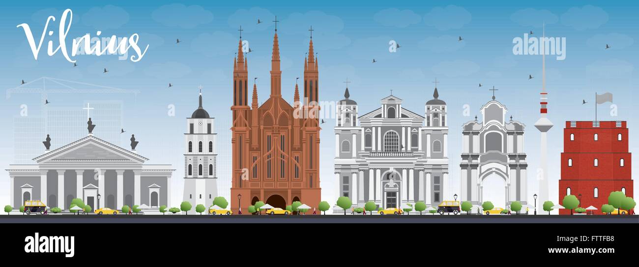 Skyline von Vilnius mit grauen Wahrzeichen und blauer Himmel. Vektor-Illustration. Geschäftsreisen und Tourismus-Konzept Stock Vektor