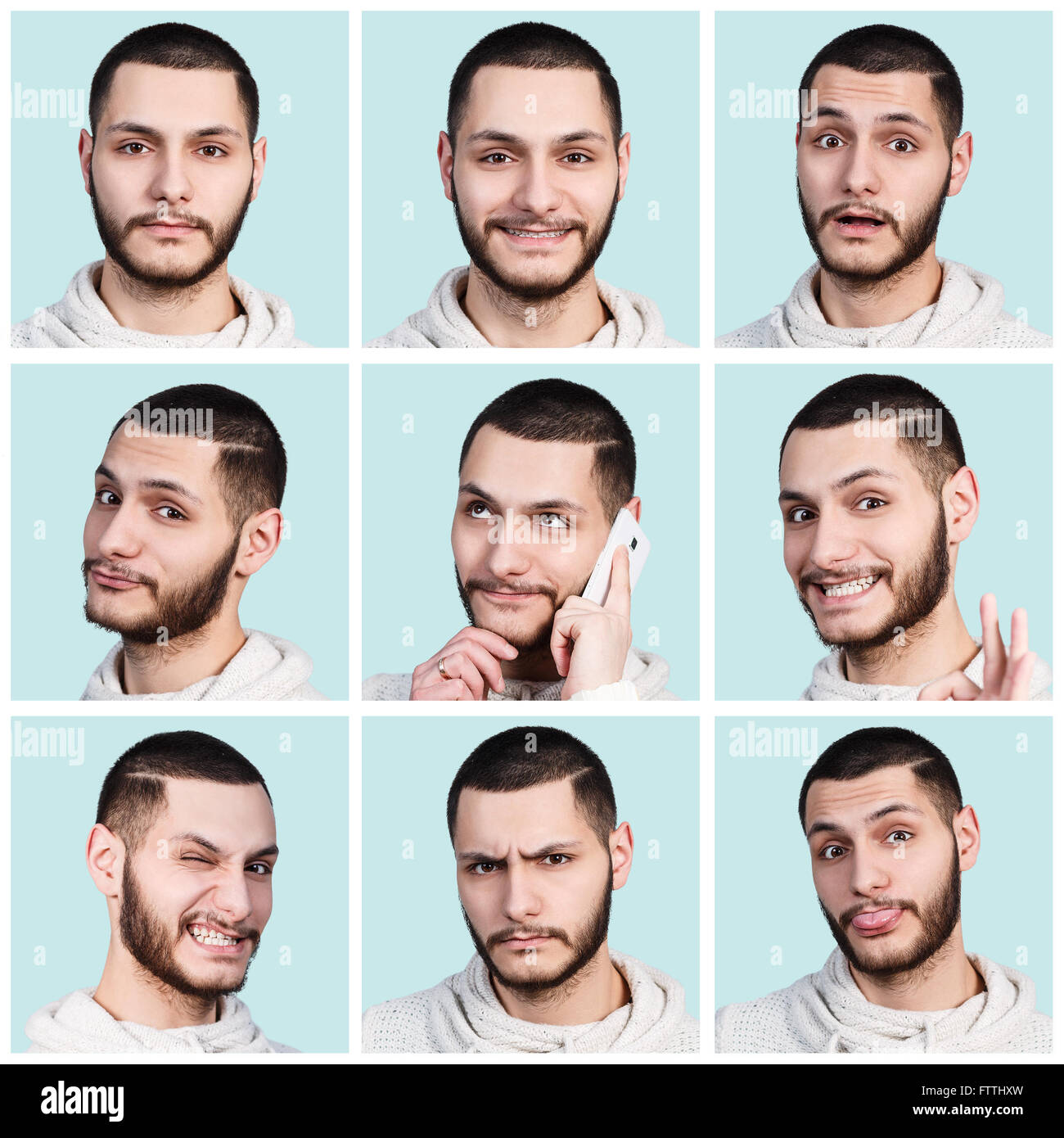 Collage aus junger Mann mit verschiedenen Emotionen Stockfoto