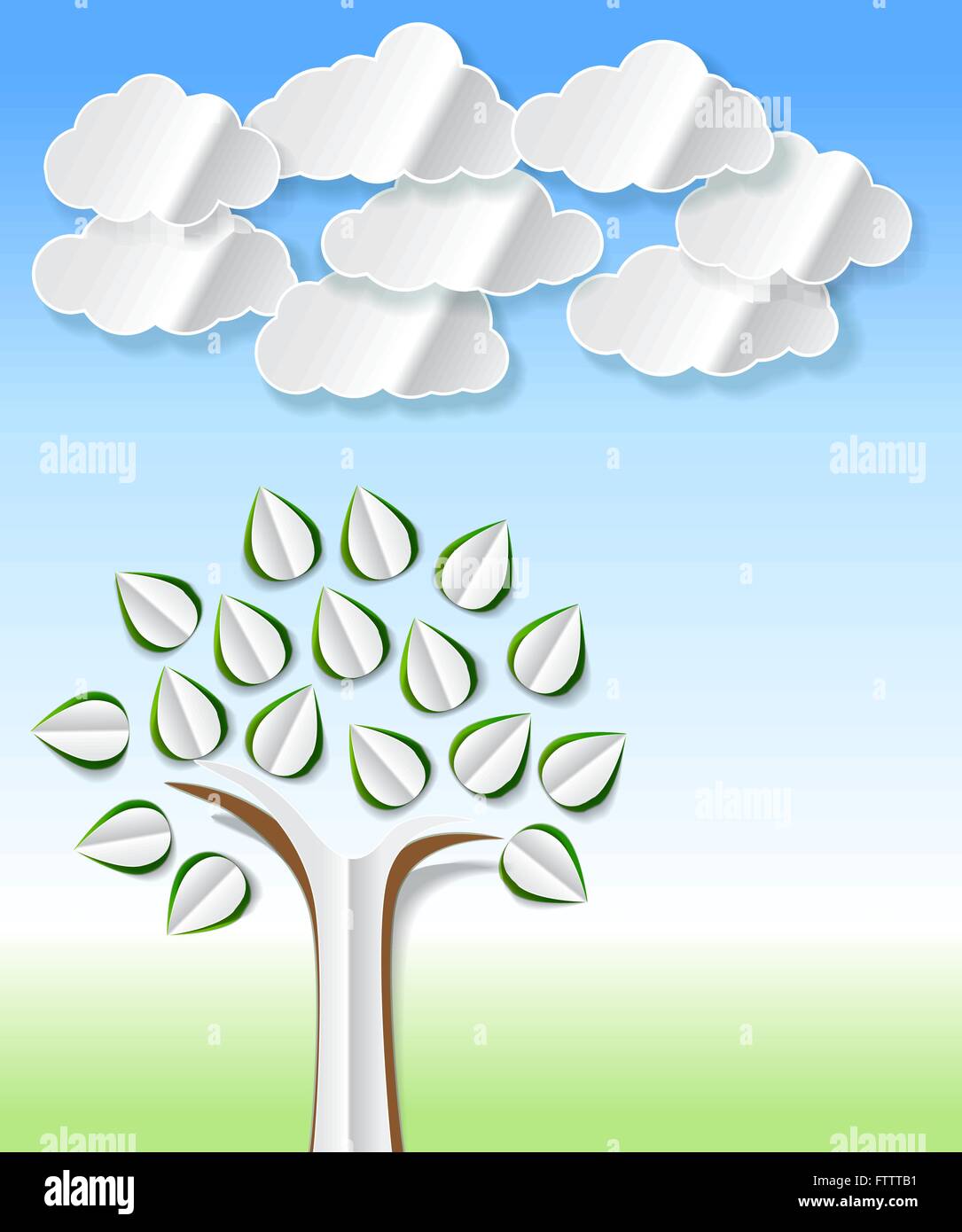 Konzeptbild mit abstrakten Papier Bäume und Wolken auf grüne und blaue Feder Hintergrund ausschneiden. Vektor mit abstrakten Papier tr Stock Vektor