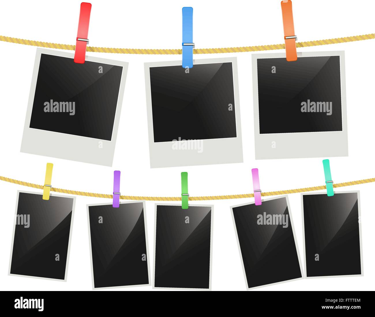 Digitale Bilderrahmen hängen an einem Seil mit Multi Farbe Wäscheklammern. Leere Retro-fotografische frames.vector Stock Vektor
