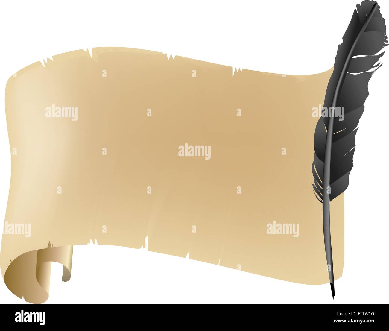 Antike und alte Schriftrolle und schwarze Feder Hintergrund auf weiß. Vektor-illustration Stock Vektor