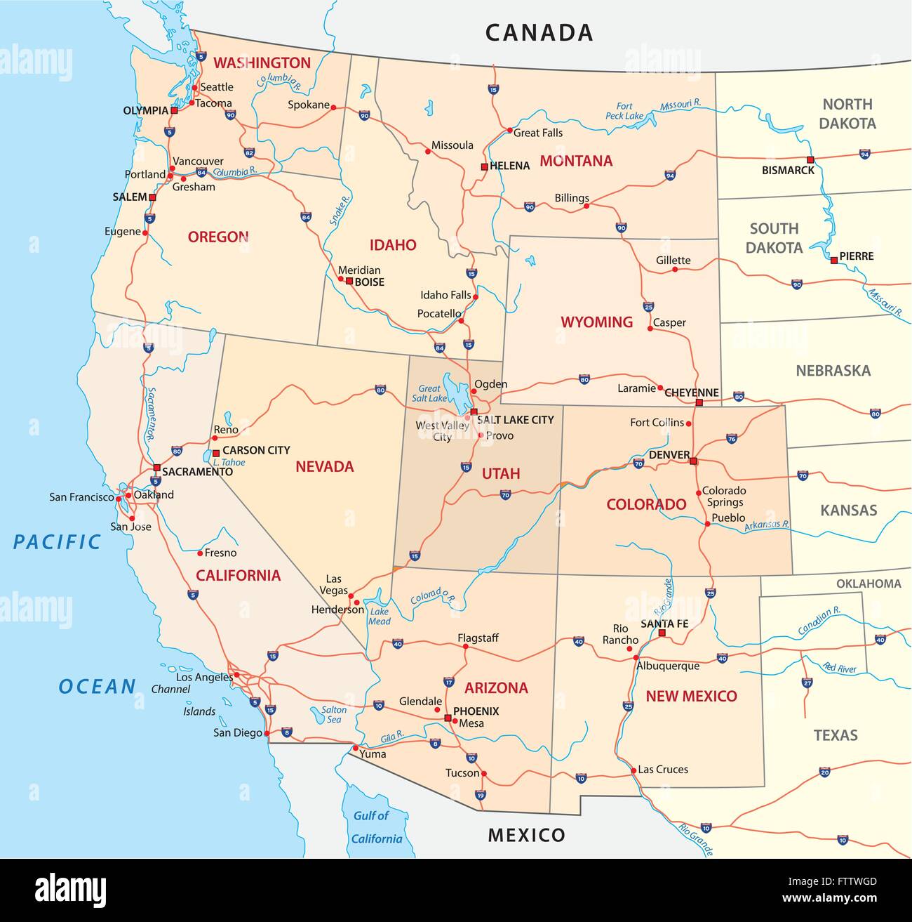 westliche USA Straßenkarte Stock Vektor