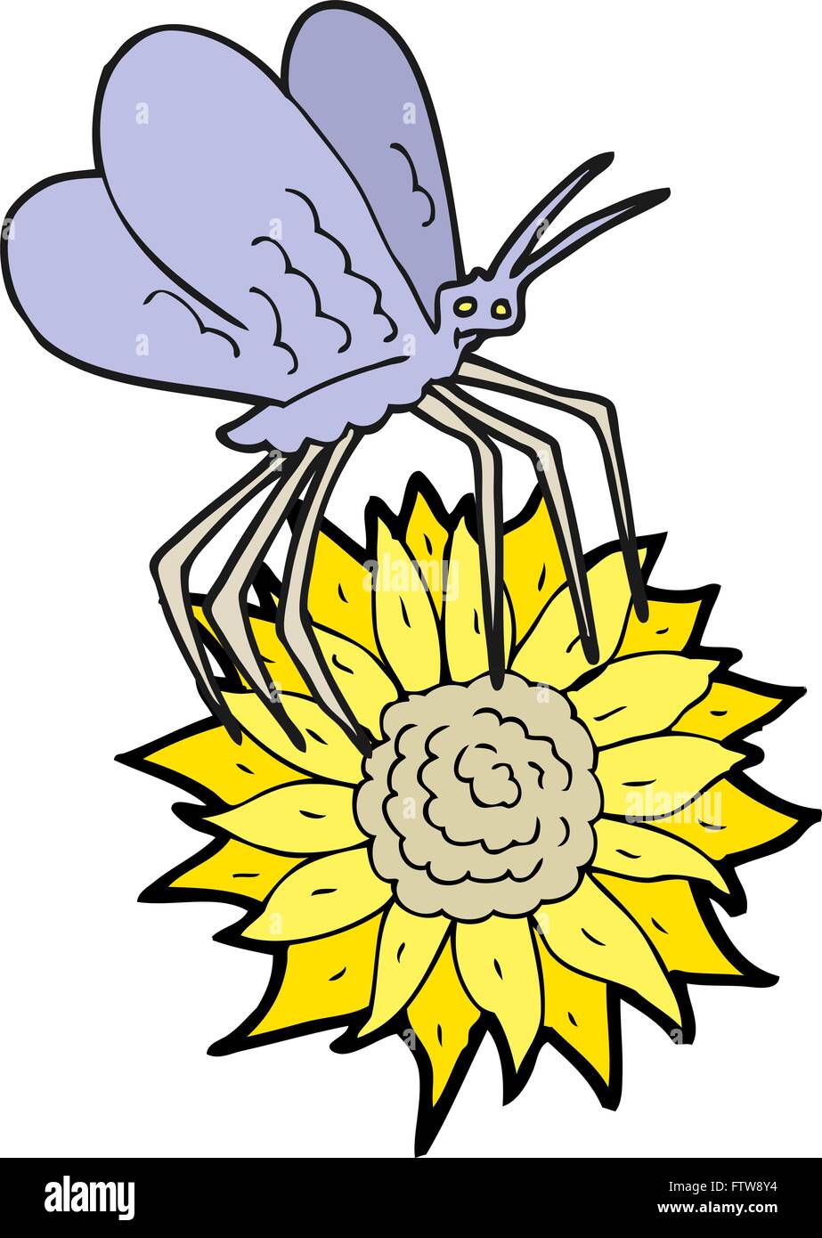 Freihändig gezeichnete Cartoon-Schmetterling auf Blume Stock Vektor