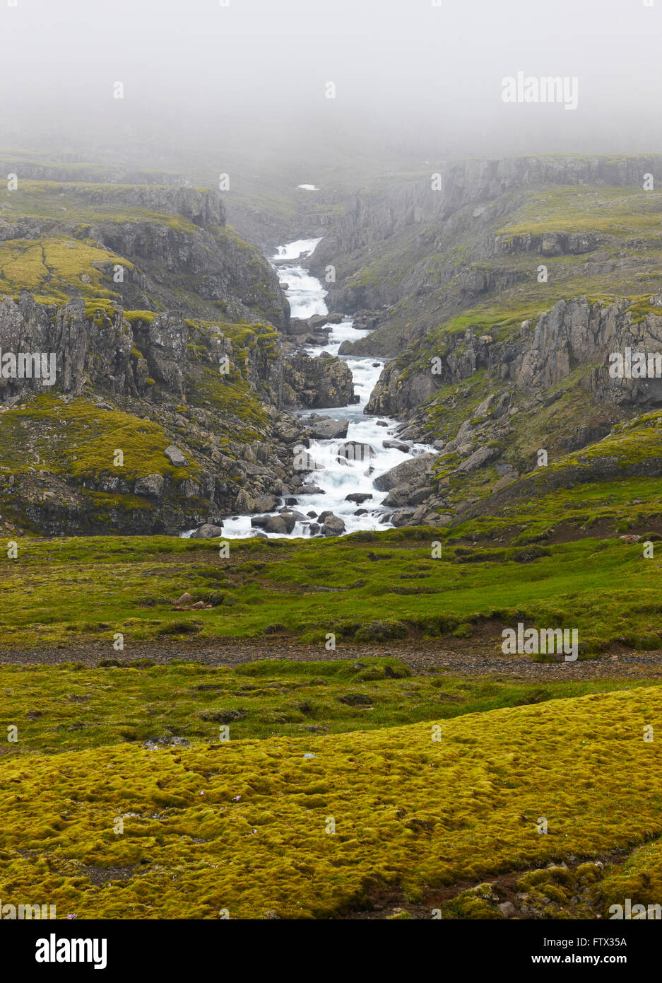 Island-Landschaft in den Osten Fjorden. Fluss und Felsen mit Nebel. Vertikal Stockfoto