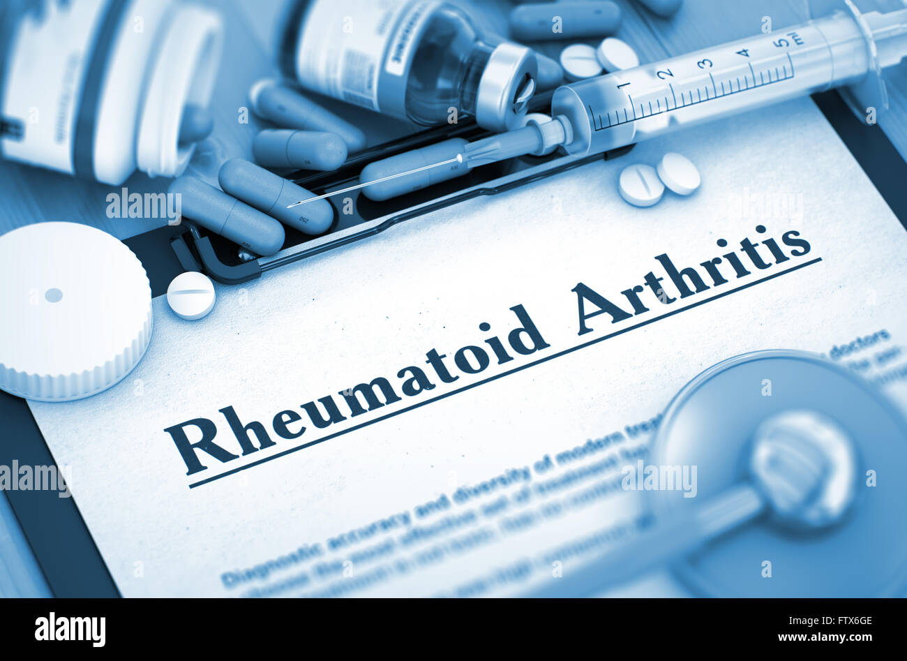Diagnose der rheumatoiden Arthritis. Medizinisches Konzept. 3D Render. Stockfoto