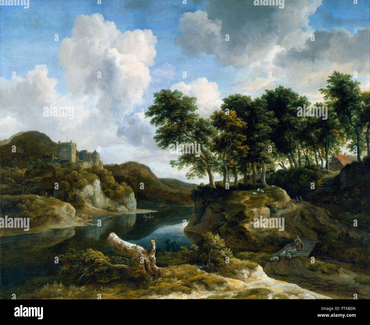 Jacob van Ruisdael - Flusslandschaft mit einer Burg auf einem hohen Felsen - Cincinnati Art Museum Stockfoto