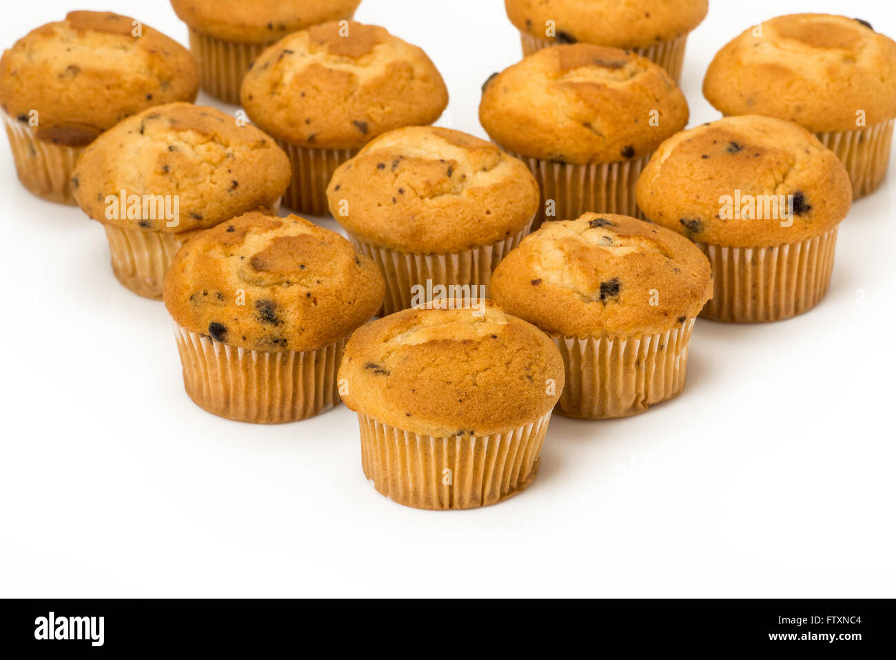 Große Gruppe von Blaubeer-Muffins auf weißem Hintergrund Stockfoto