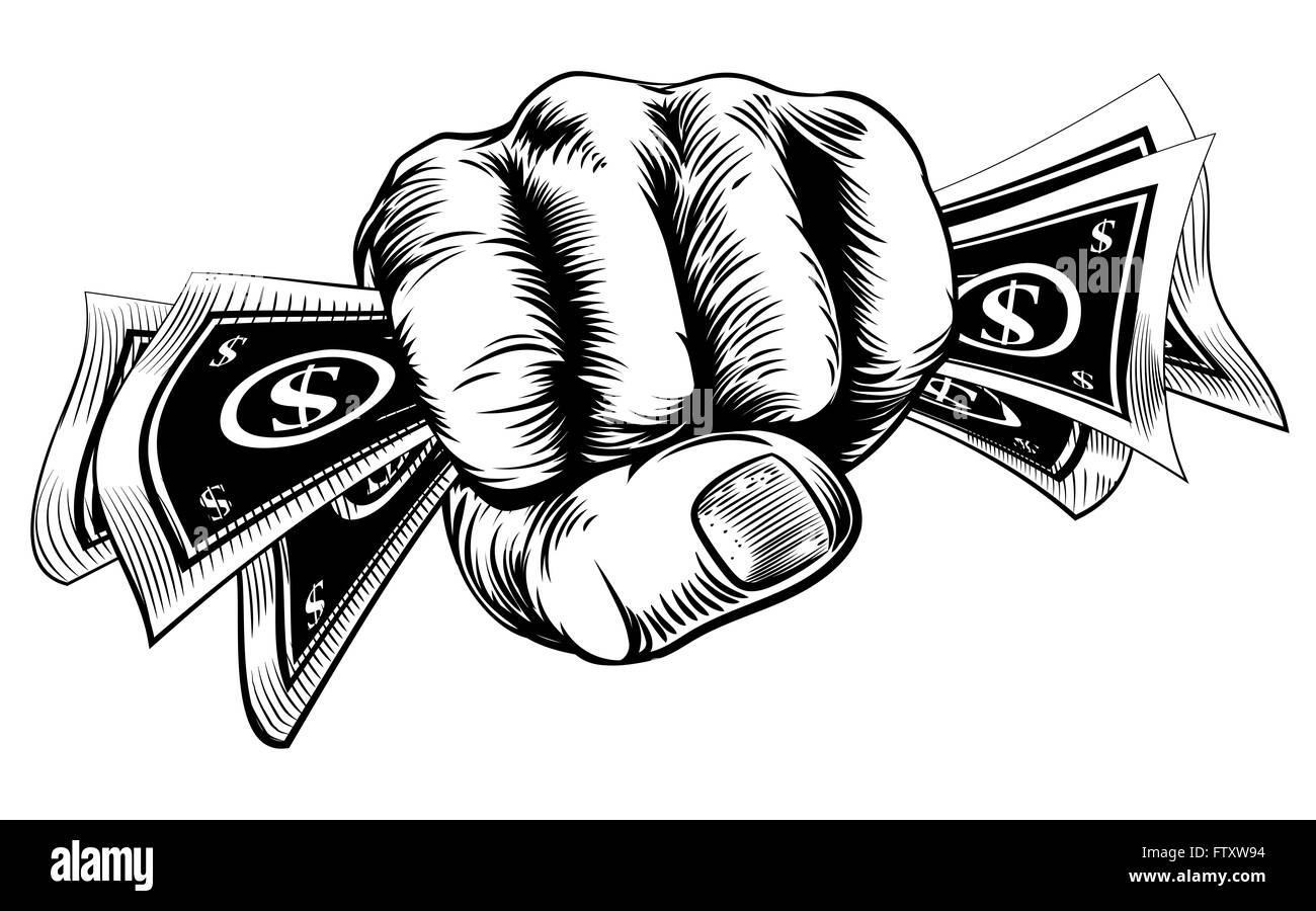 Die Hand in einer Faust Bargeldhaltung Geld Dollar-Scheine in einem Vintage Holzschnitt-Stil Stockfoto