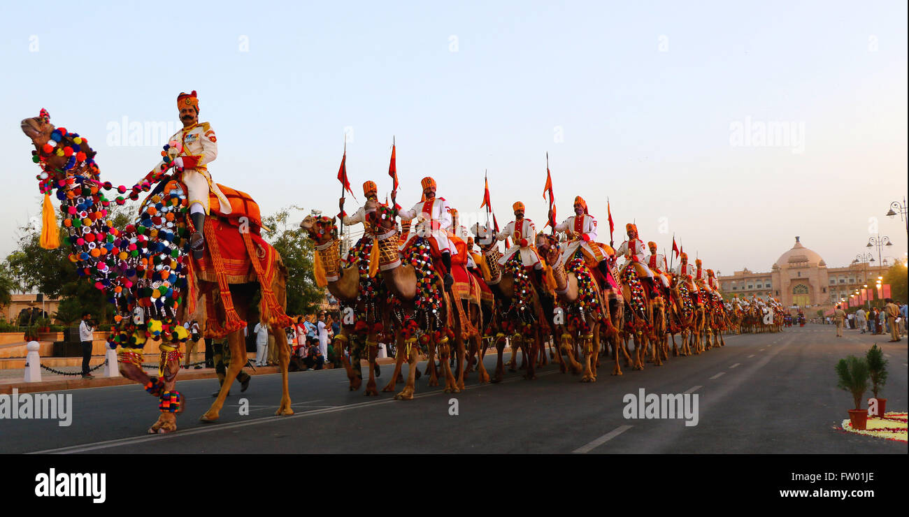 Jaipur, Indien. 30. März 2016. Indischen Border Security Force (BSF) Jawans herausnehmen Camel Parade während der große Umzug und Abschlussfeier der "Rajasthan-Festival" am Janpath. Bildnachweis: Vishal Bhatnagar/Pacific Press/Alamy Live-Nachrichten Stockfoto