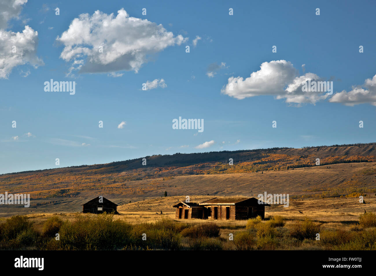 WY01415-00... WYOMING - das alte Osborn Blockhaus Gehöft befindet sich entlang der grüne Fluss am Rande der Wind River Range. Stockfoto