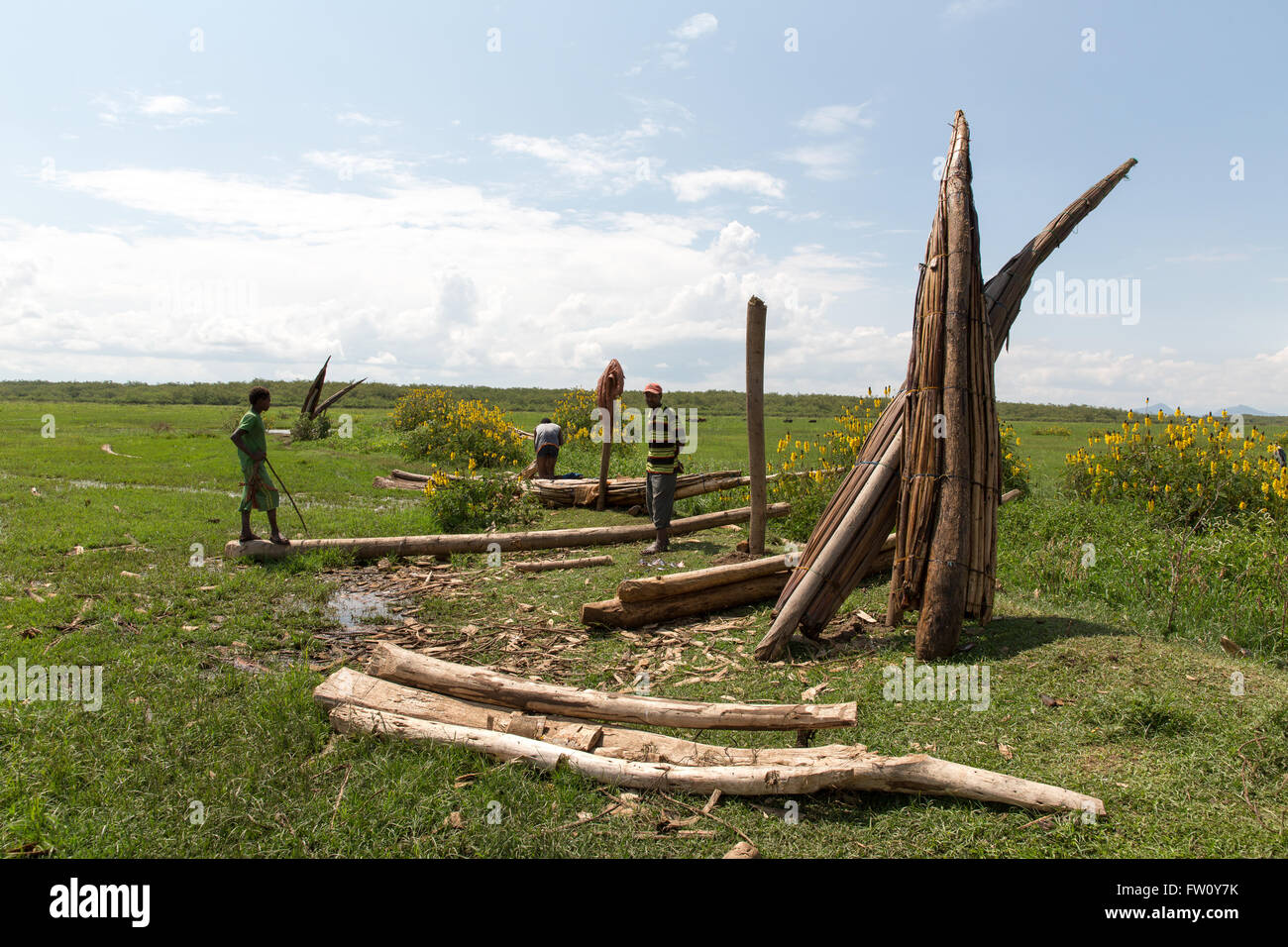 Meki Flussdelta, Ziway, Äthiopien, Oktober 2013 Fischerboote aus Holz und Schilf. Stockfoto