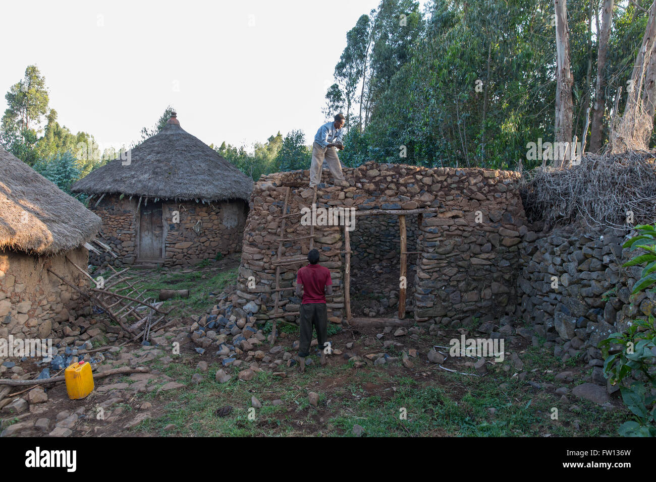 Debre Birhan, Amhara in Äthiopien, Oktober 2013: Teshome Nigerate, 22, trägt Schlamm um Alem bauen ein neues Haus mit Stein zu helfen. Stockfoto