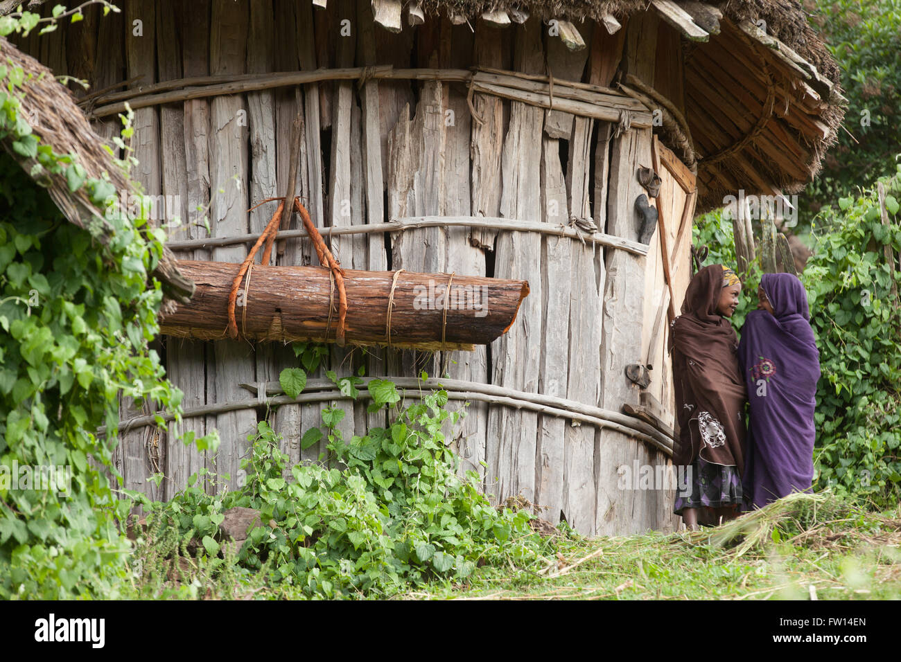 Nord-Shewa, Äthiopien, 2013: Hailemariam Woldoyohanuss Töchter neben seinen traditionellen Bienenstock. Stockfoto