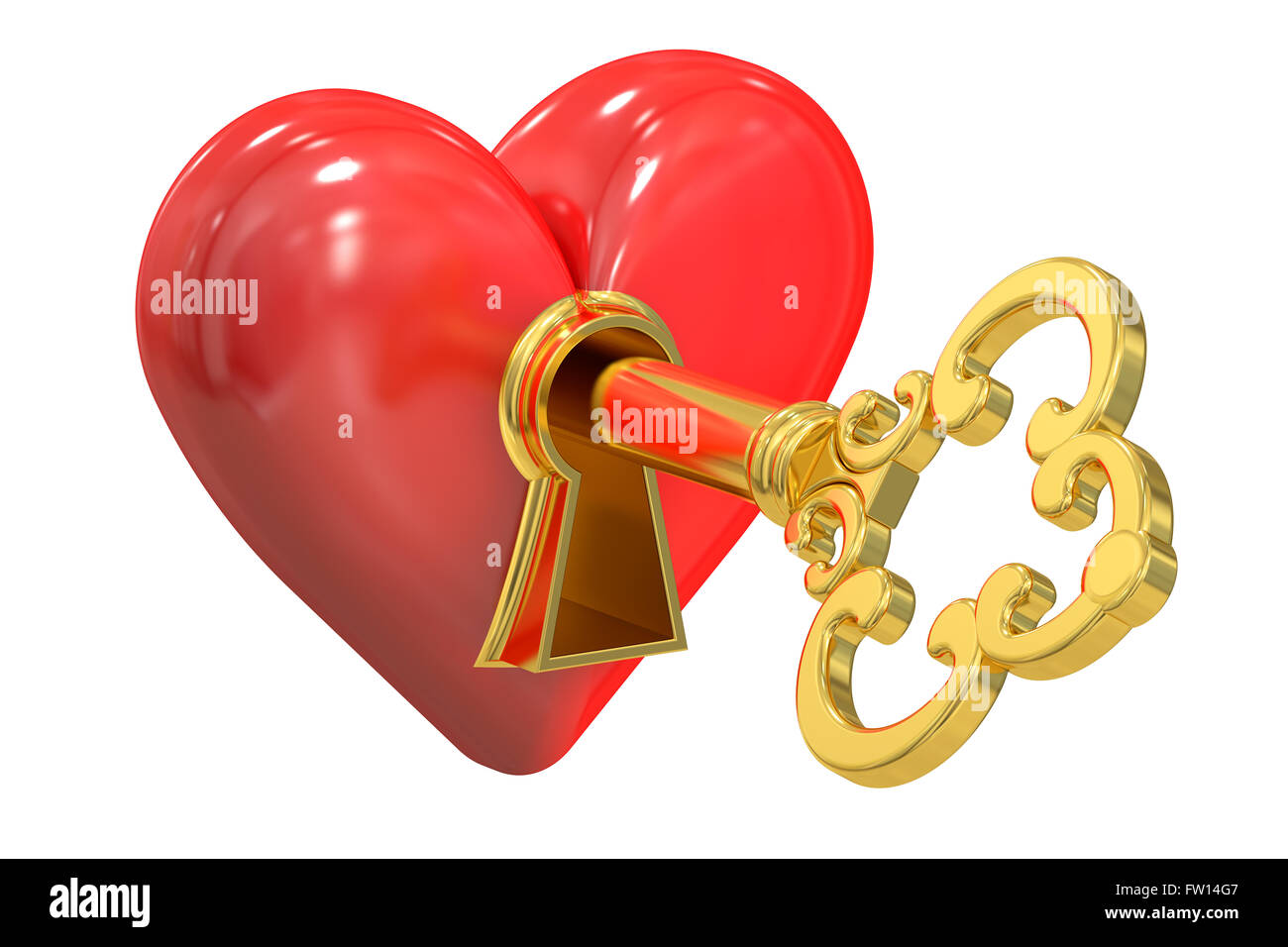 Herz und Schlüssel, 3D-Rendering isolierten auf weißen Hintergrund Stockfoto