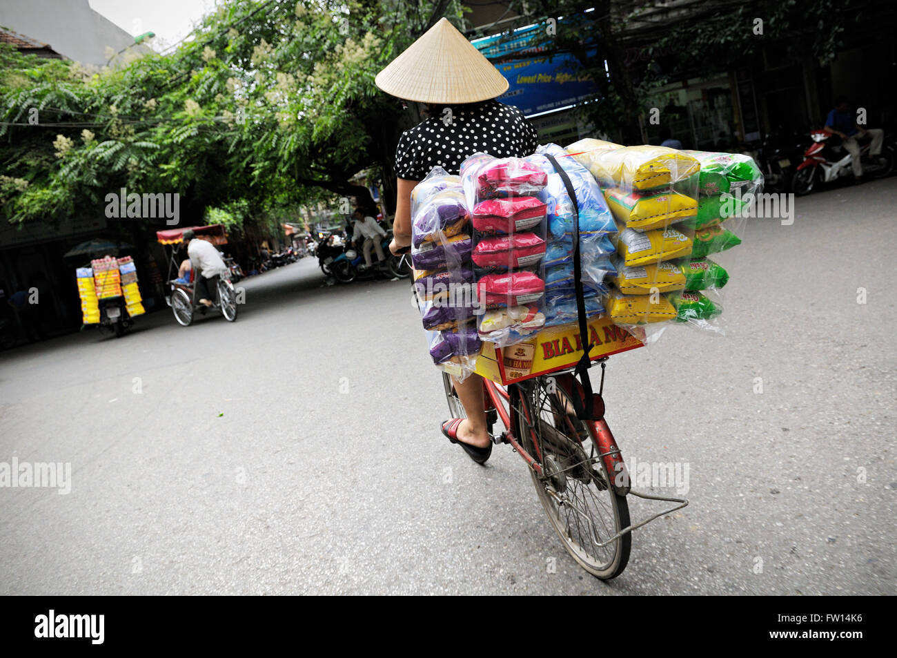 Frau mit einem typischen kegelförmigen Hut den Transport von Gütern auf ihrem Fahrrad in Hanoi, Vietnam Stockfoto
