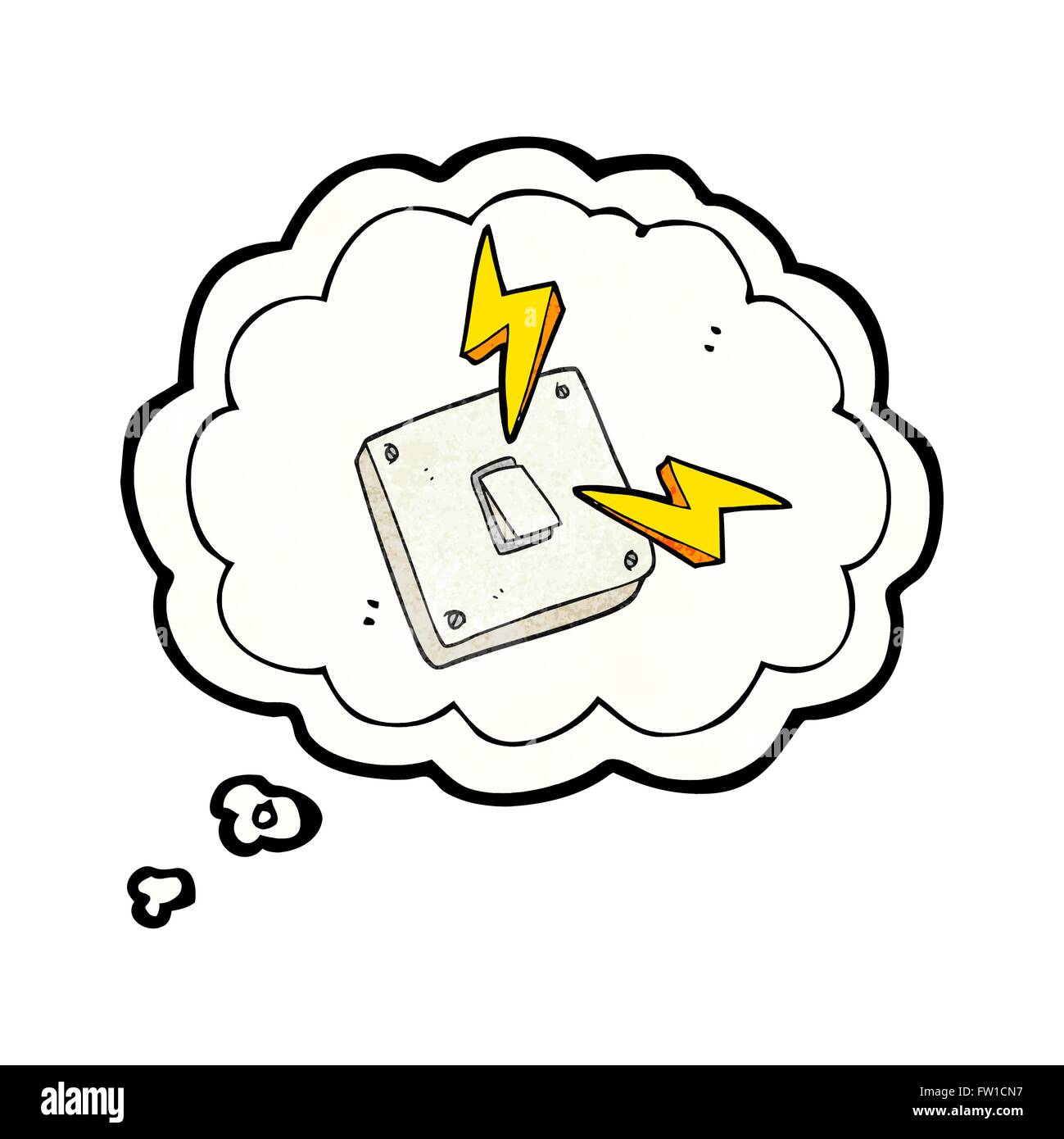 Freihändig gezeichnete Gedanken Blase strukturierte Cartoon Funkenbildung elektrisches Lichtschalter Stock Vektor