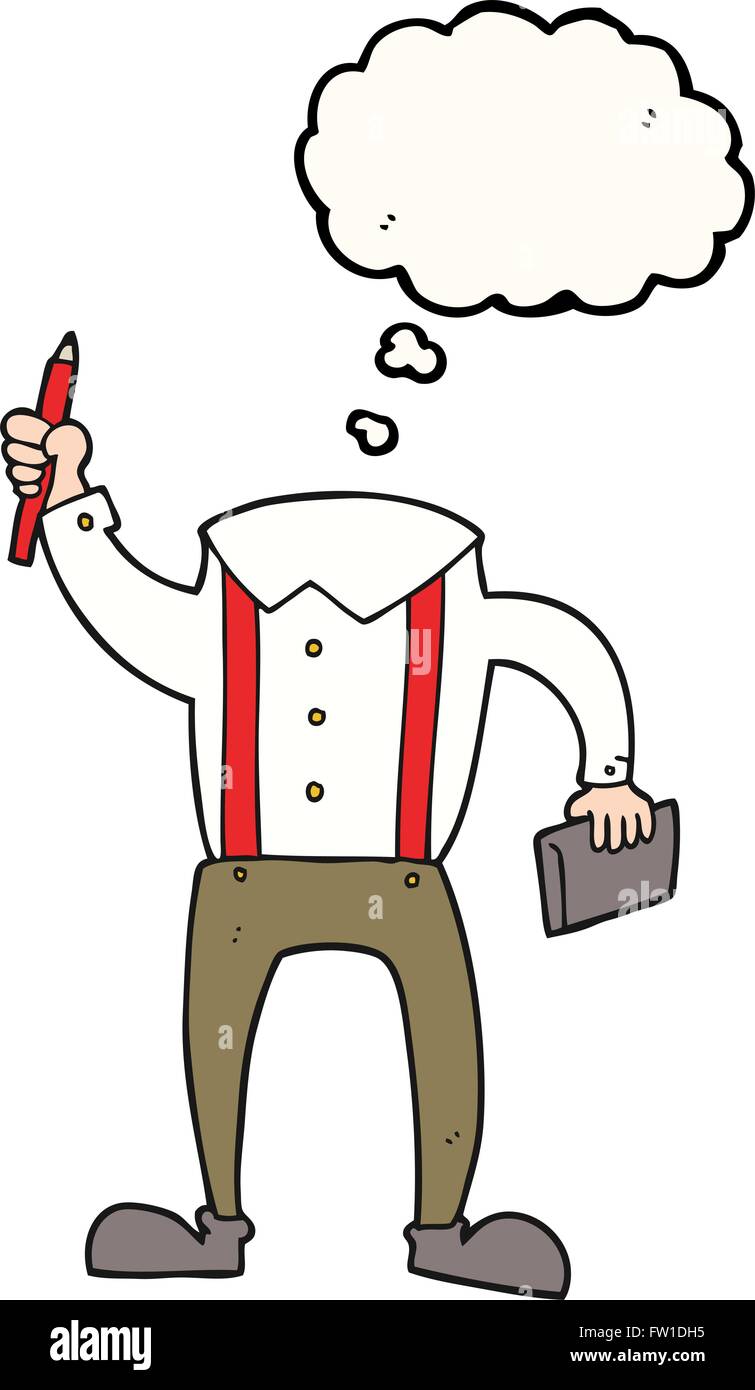Freihändig gezeichnete Gedankenblase cartoon kopflosen Körper mit Notizblock und Stift (fügen Sie eigene Fotos) Stock Vektor