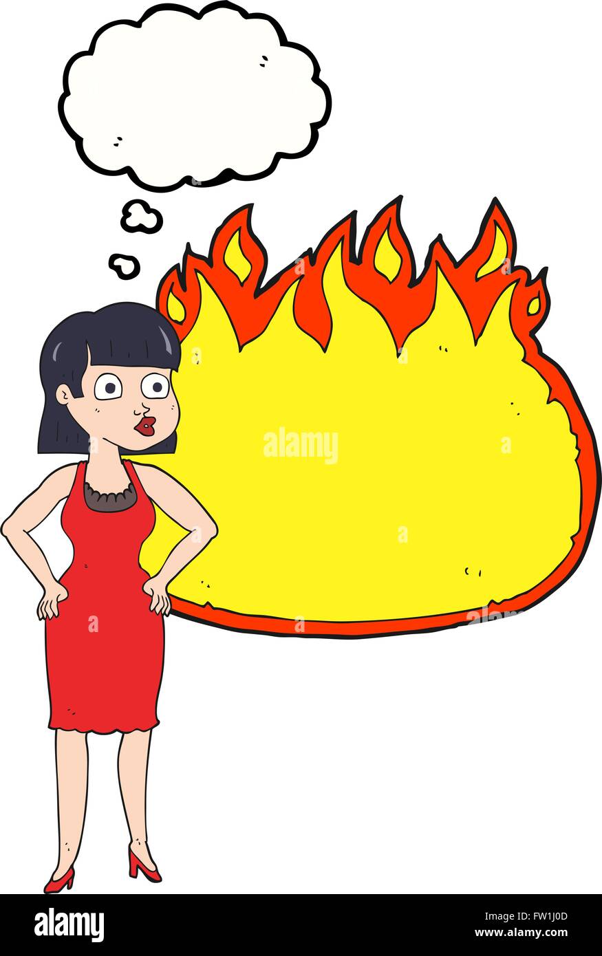 Freihändig gezeichnete Gedanken Bubble Cartoon Frau im Kleid mit den Händen auf den Hüften und Flamme banner Stock Vektor